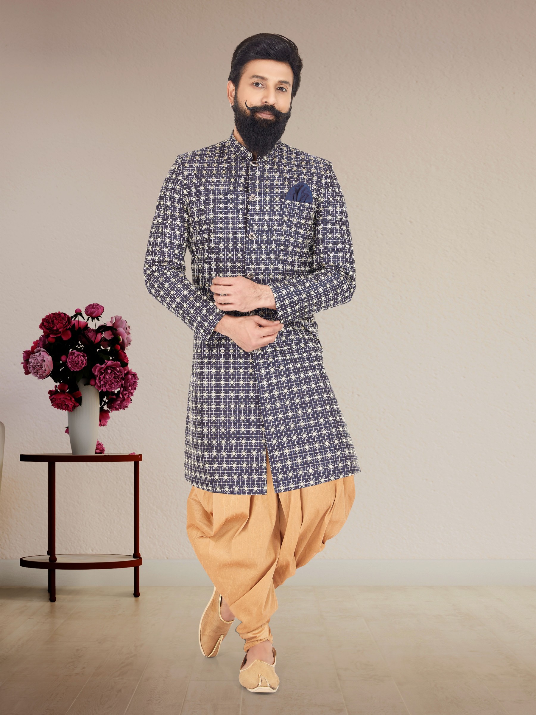 Pure Silk Fabric IndoWestern Ready Made Suit in Navy Blue Color With Embroidery Work 
