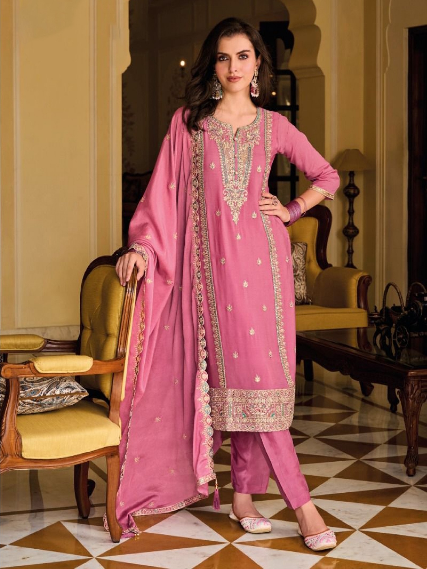 Chinon  Fabrics Party Wear Suit In Pink Color With Embroidery Work