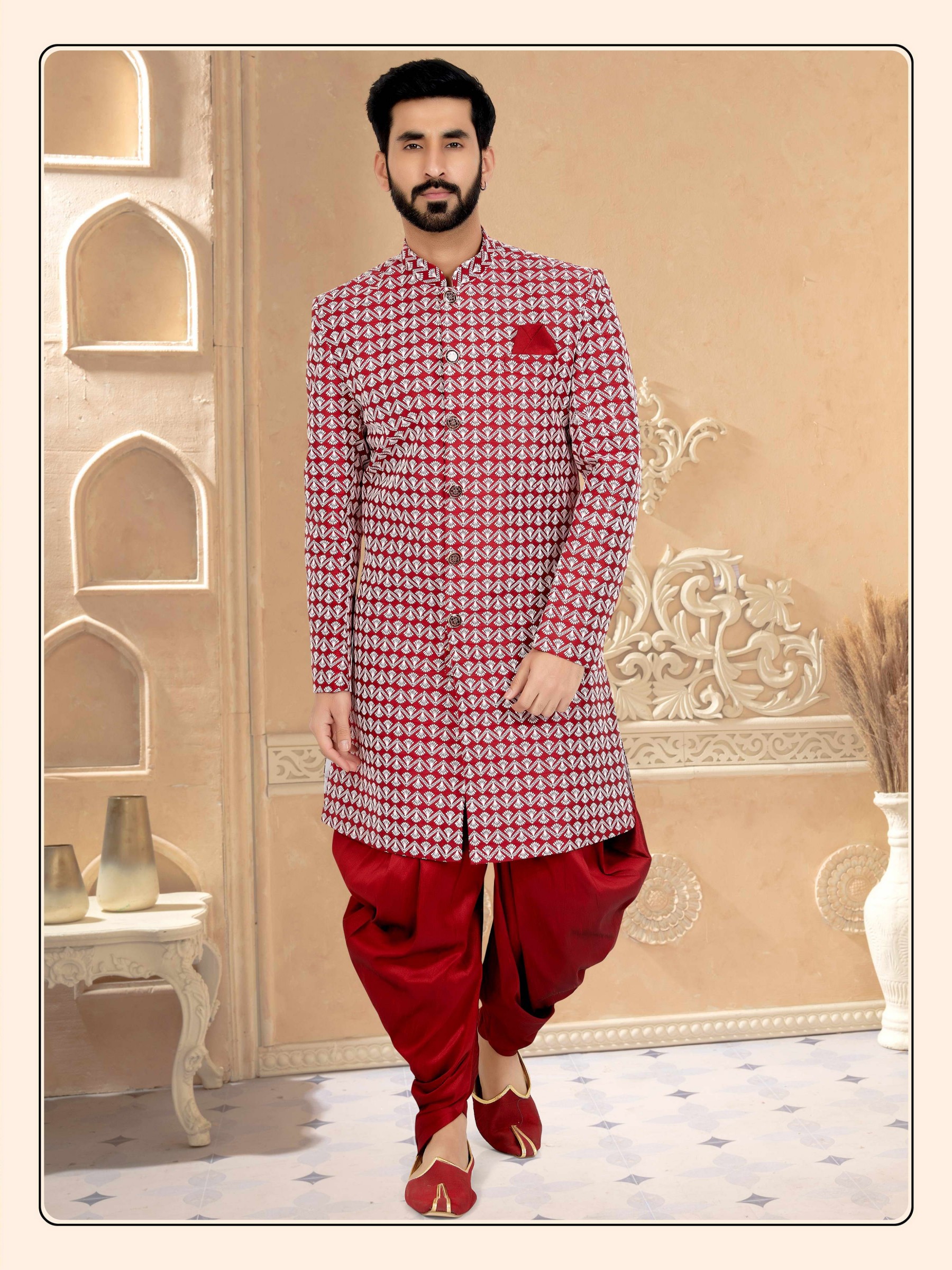 Pure Silk Fabric IndoWestern Ready Made Suit in Red Color With Embroidery Work 