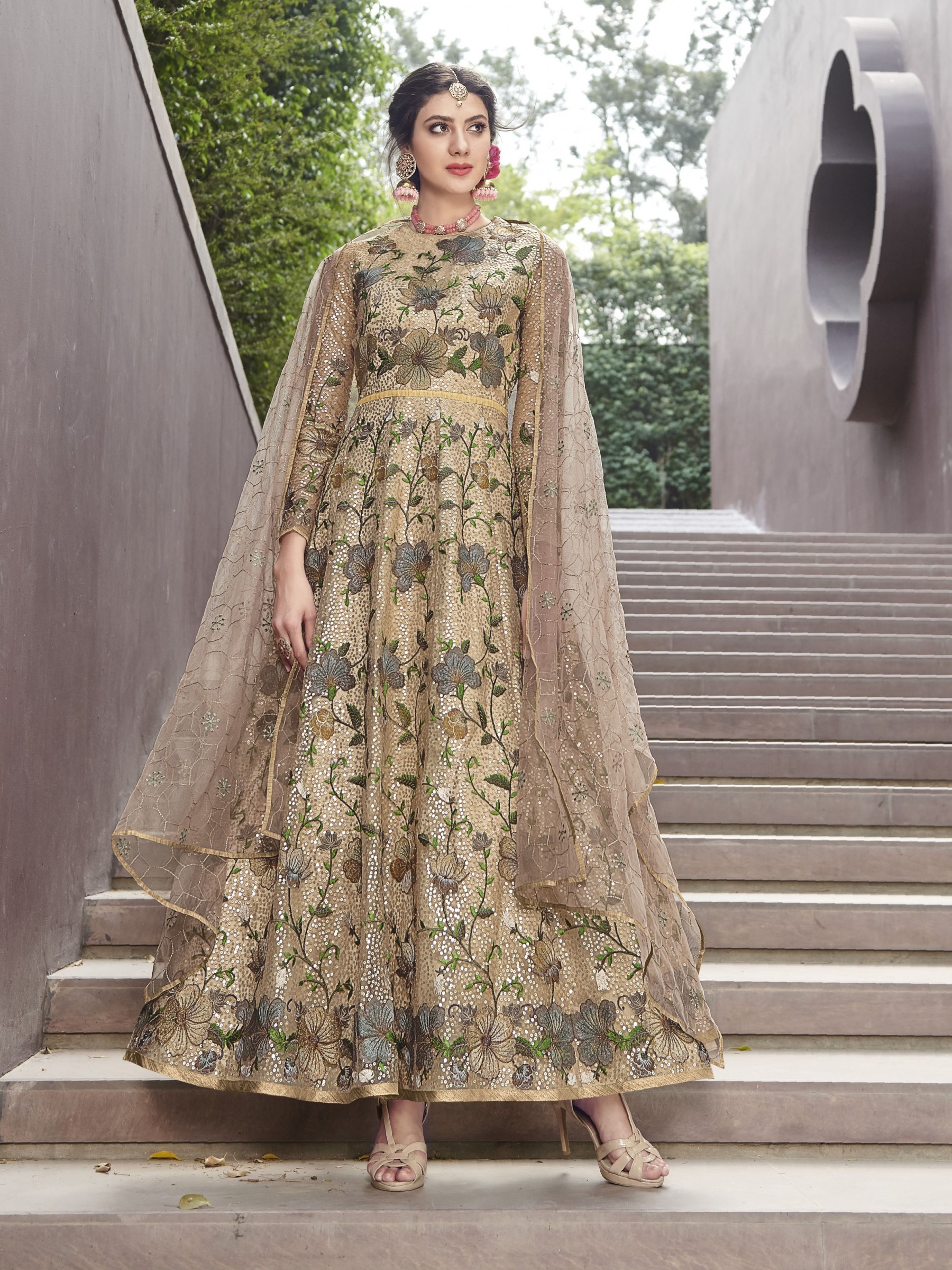 Bige Soft Premium Net Embroidery Wedding Wear Readymade Gown With Resham & Stone Work