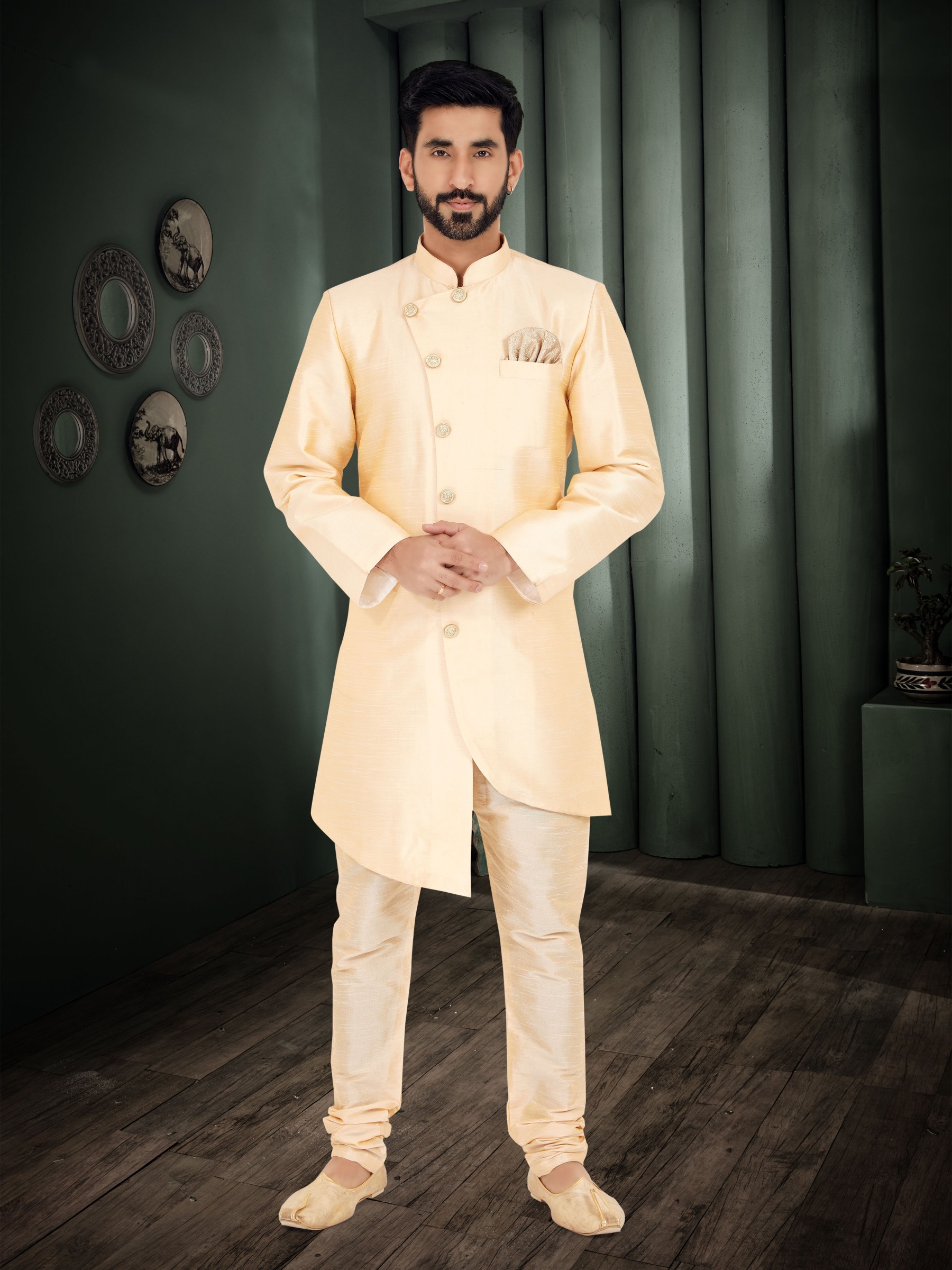 Dhupion Silk Fabric IndoWestern Ready Made Suit in Black Color With Embroidery Work 