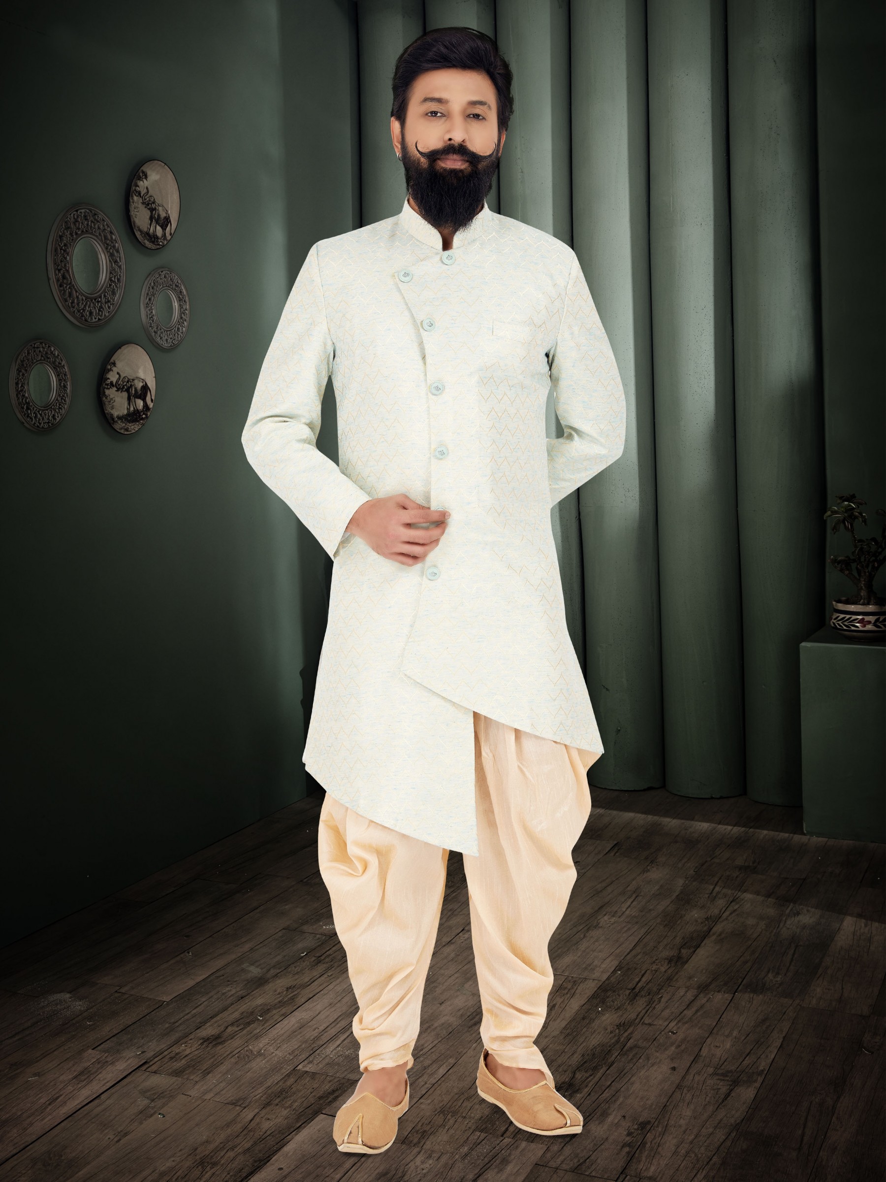 Cotton Silk Jacquard Fabric IndoWestern Ready Made Suit in Sky Blue Color With Embroidery Work 
