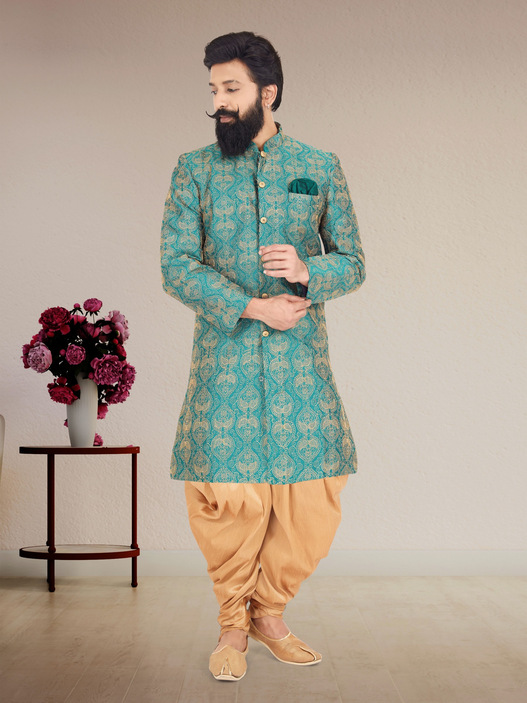 Dhupion Silk Fabric IndoWestern Ready Made Suit in Rama Green Color With Embroidery Work 