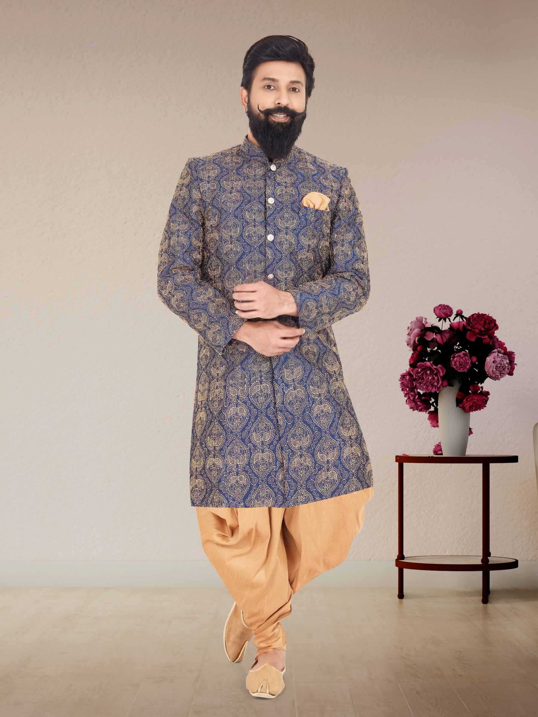 Dhupion Silk Fabric IndoWestern Ready Made Suit in Blue Color With Embroidery Work 