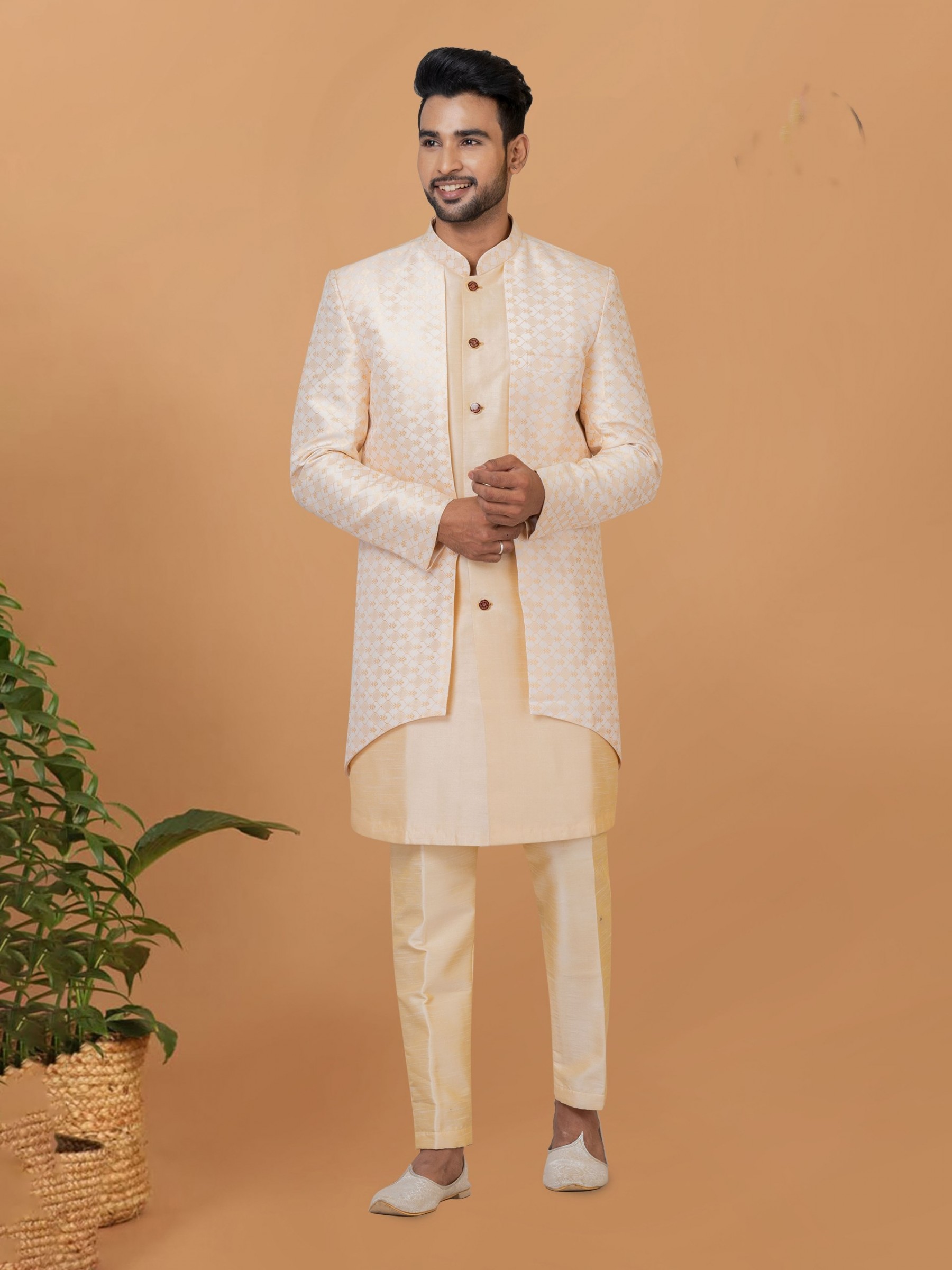 Jacquard Silk & Banarasi Dhupion Fabric IndoWestern Ready Made Dress in White & Gold Color
