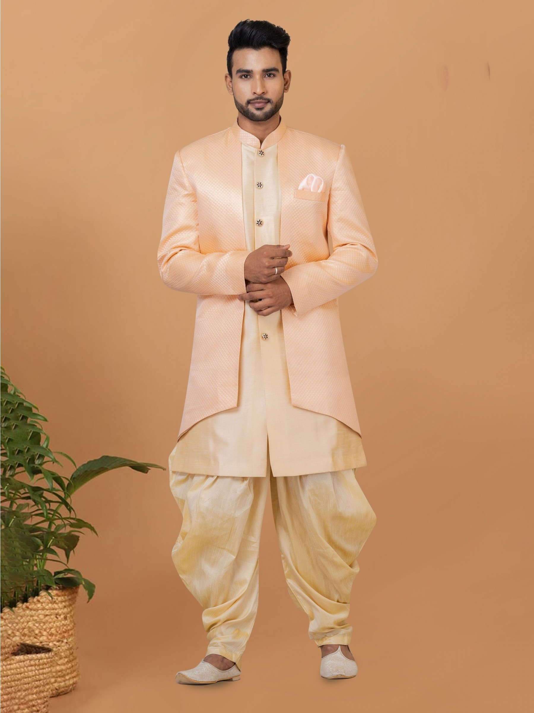 Jacquard Silk & Banarasi Dhupion Fabric IndoWestern Ready Made Dress in Cream & Gold Color