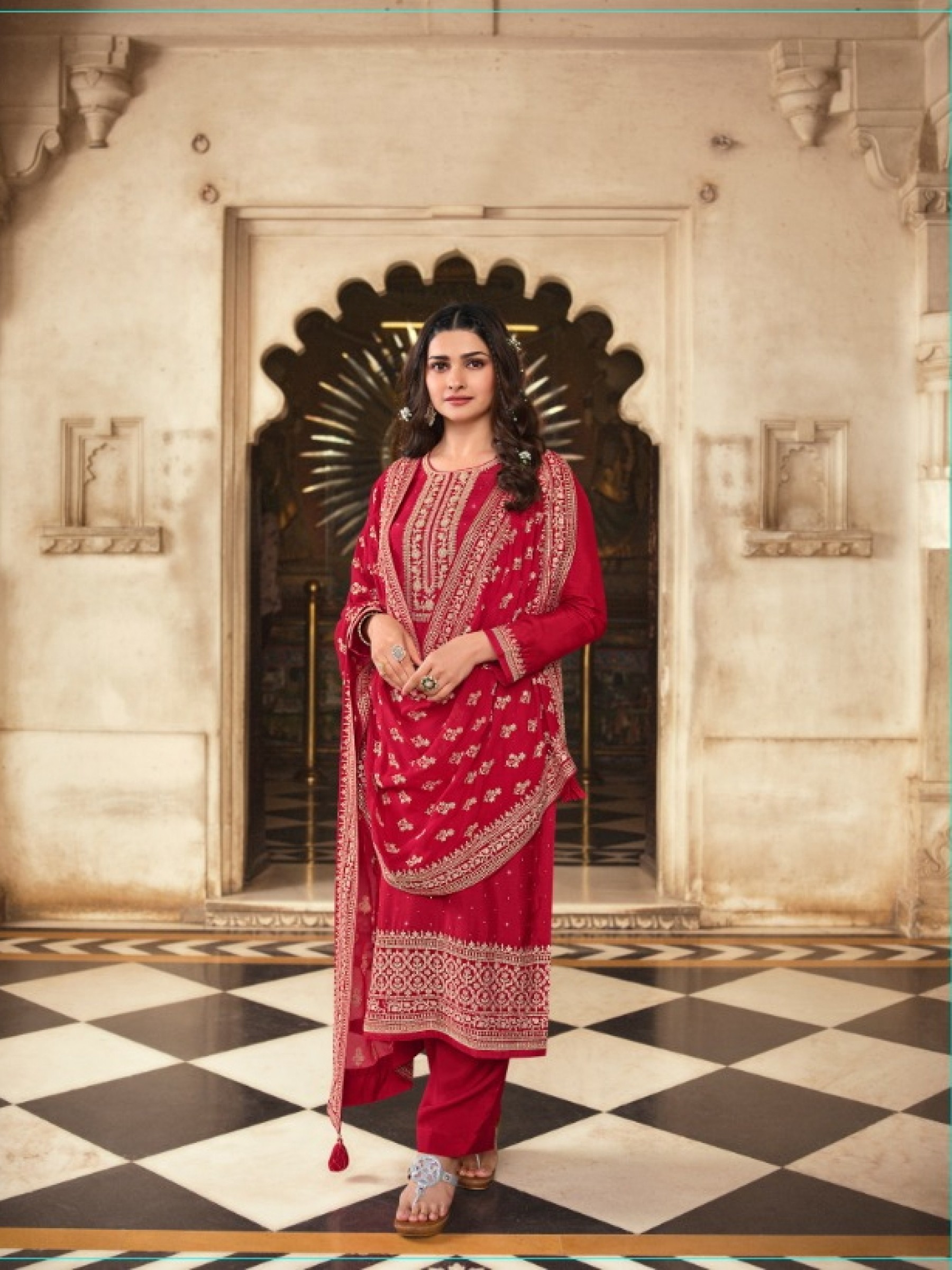 Pure Dola Silk Party Wear Suit in Red Color with Swarovski Work