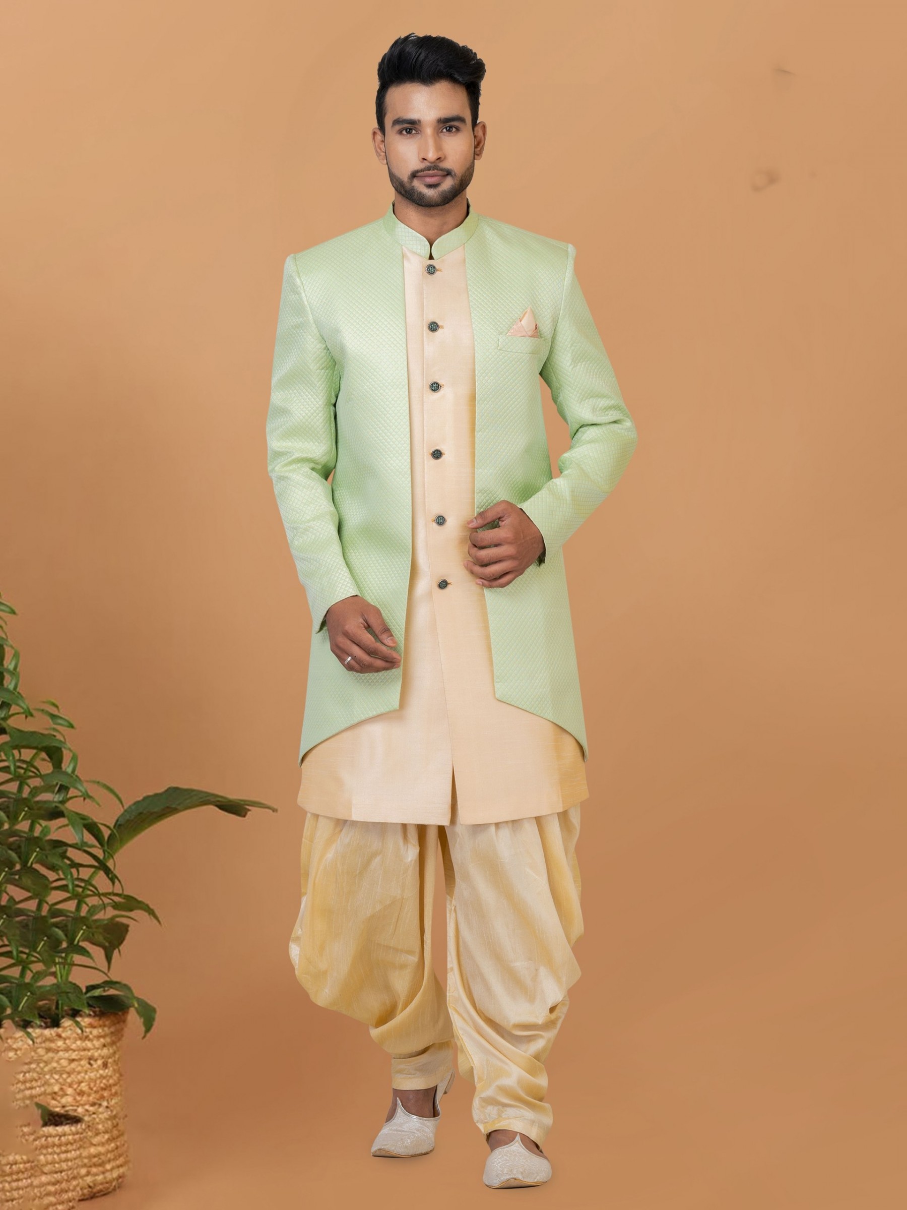 Jacquard Silk & Banarasi Dhupion Fabric IndoWestern Ready Made Dress in Pista Green & Gold Color