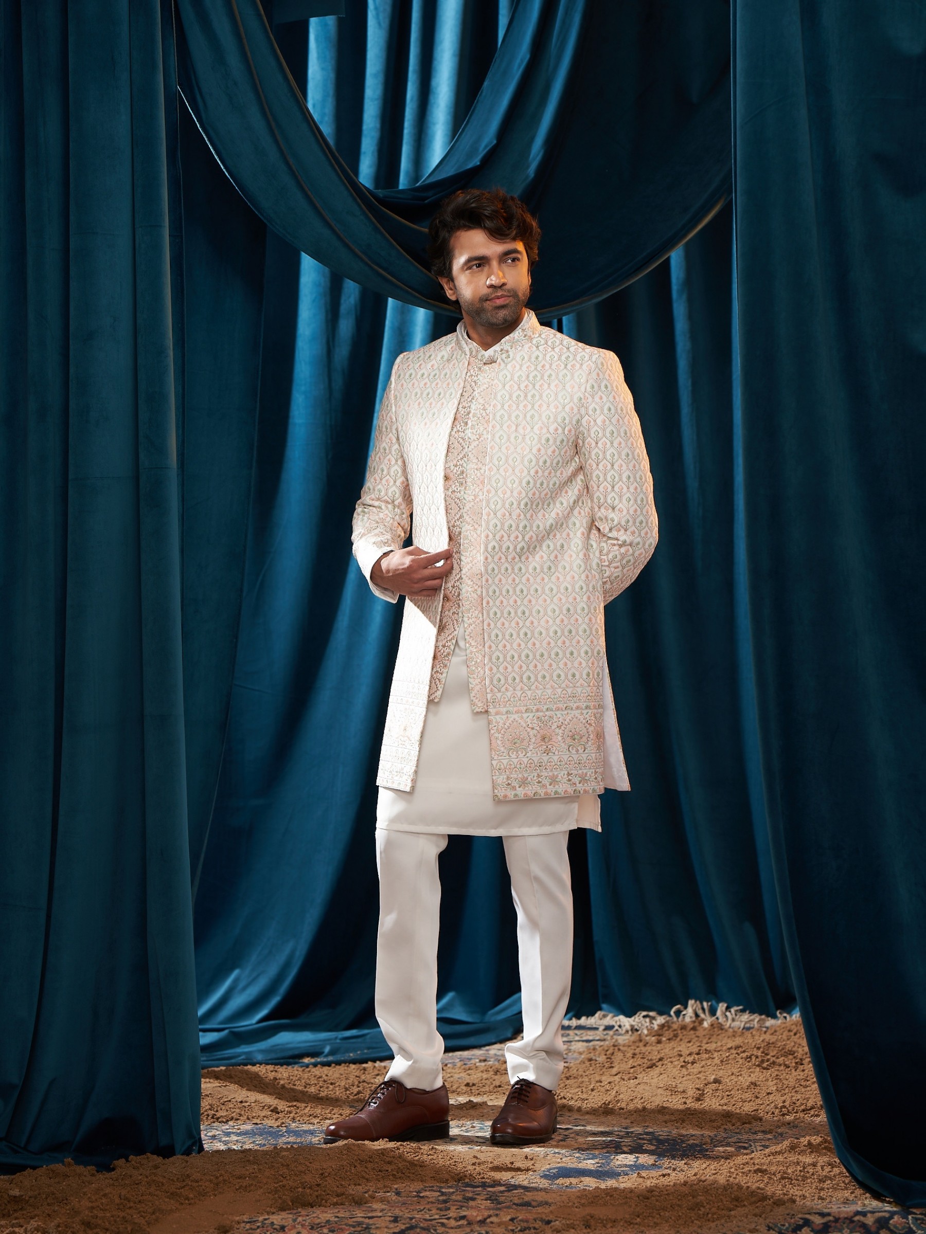 Pure Satin Silk IndoWestern Ready Made Dress in White Pink color With Embroidery Work 