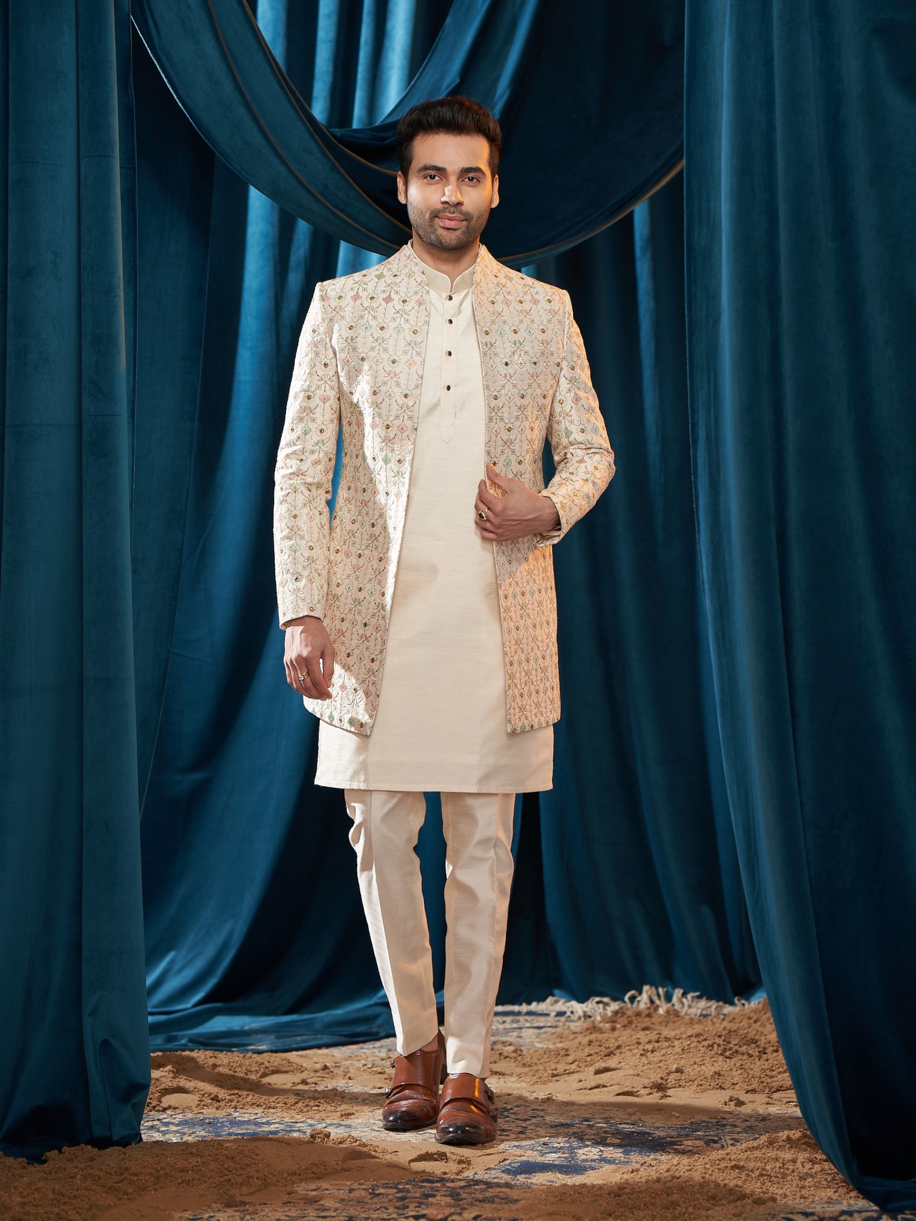 Heavy Imported Silk IndoWestern Ready Made Dress in Off White color With Embroidery Work 