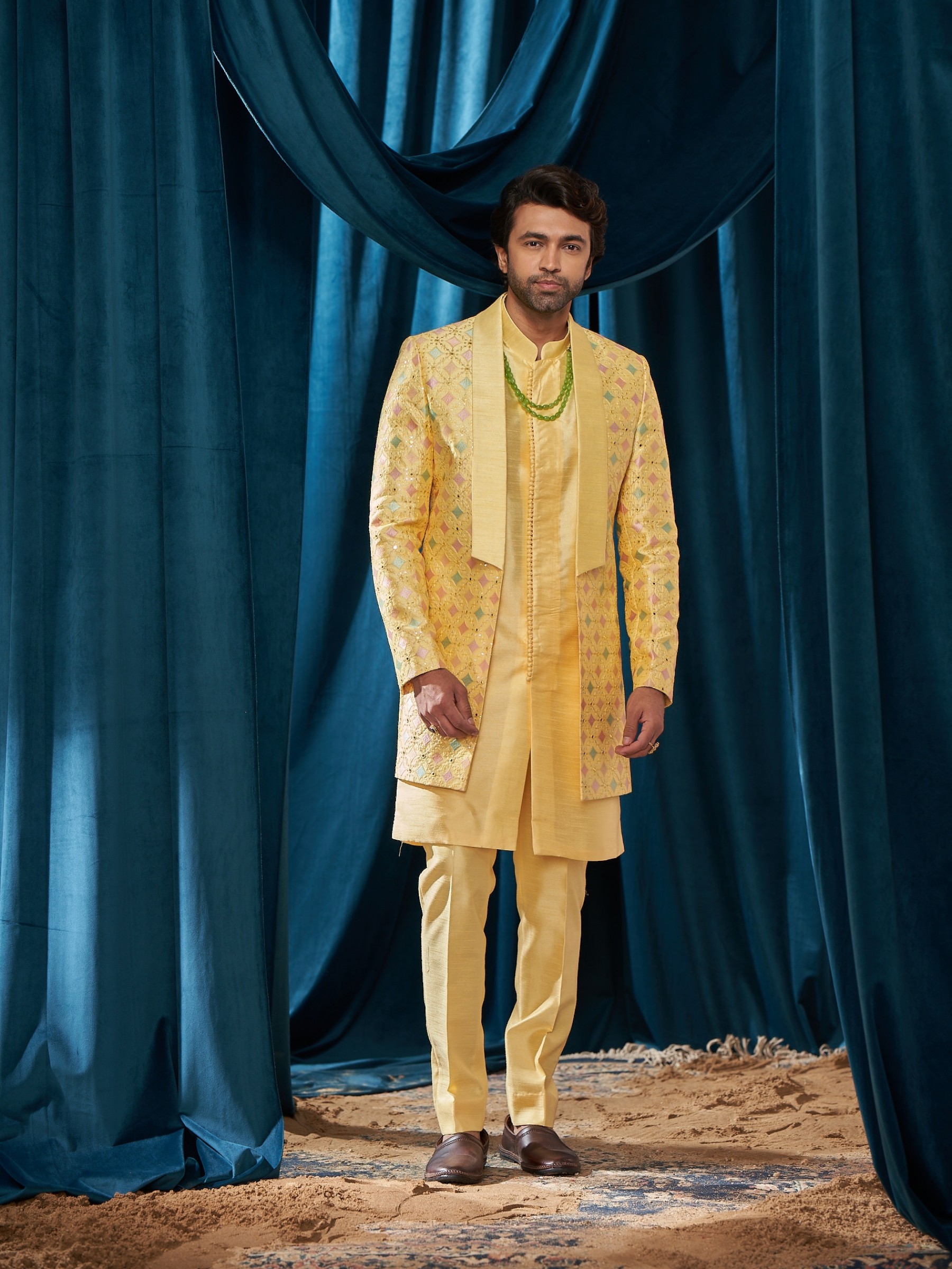 Heavy Imported Silk IndoWestern Ready Made Dress in Yellow color With Embroidery Work 