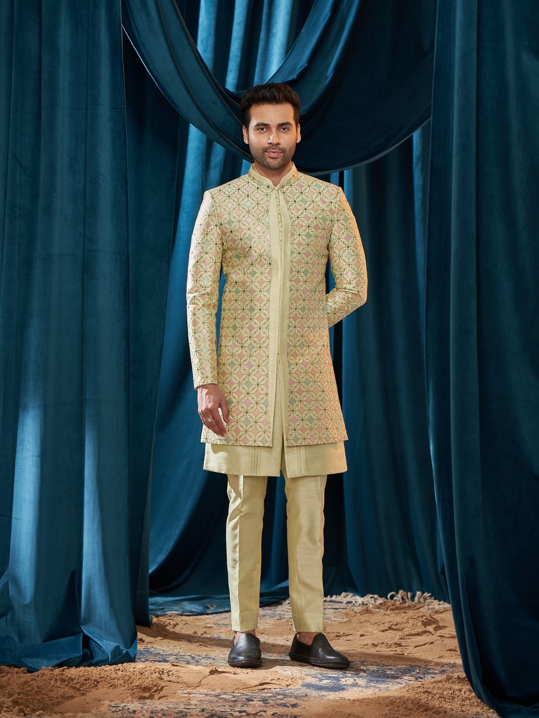 Heavy Imported Silk Indo Western Ready Made Dress in Light Green Color With Embroidery Work 