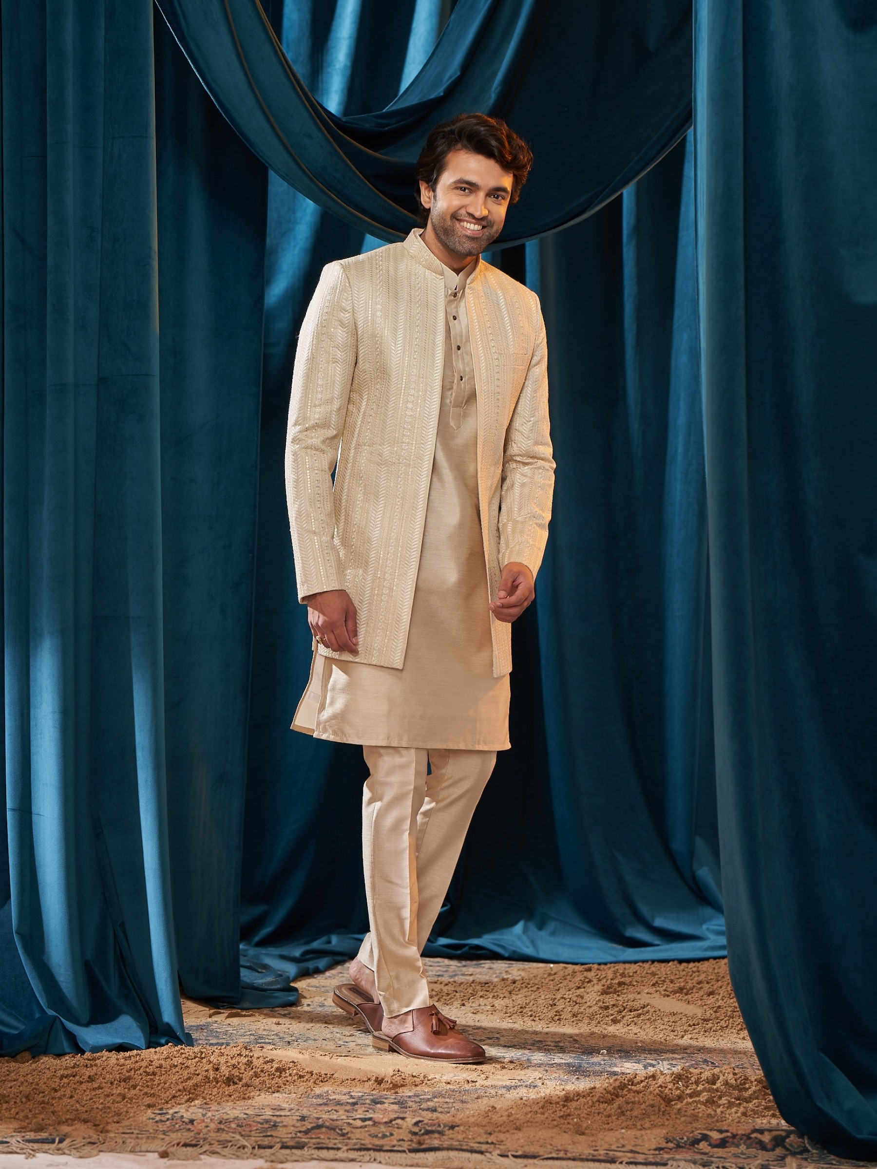 Heavy Imported Silk Indo Western Ready Made Dress in Cream Color With Embroidery Work 