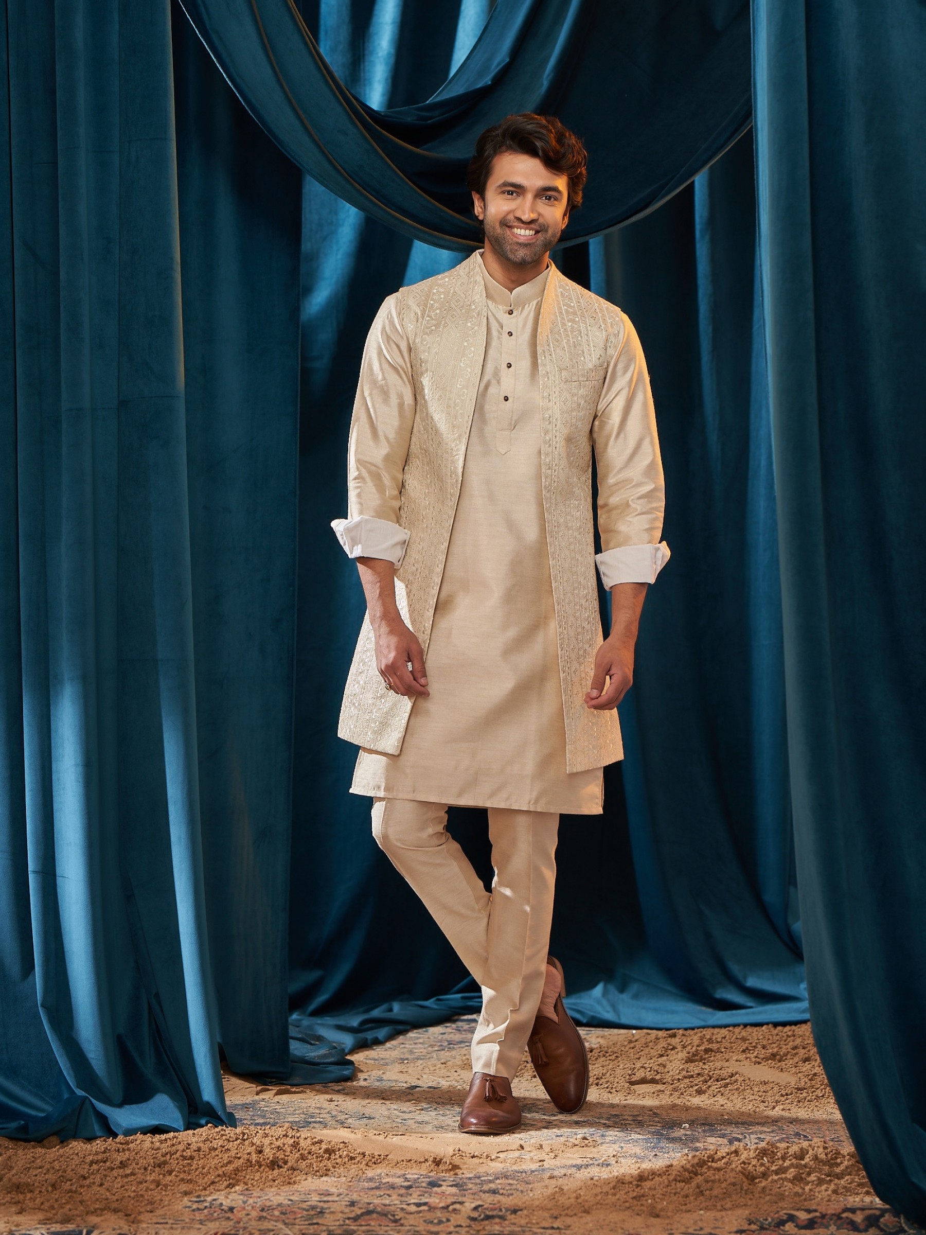 Heavy Imported Silk IndoWestern Ready Made Dress in Cream color With Embordiery Work 