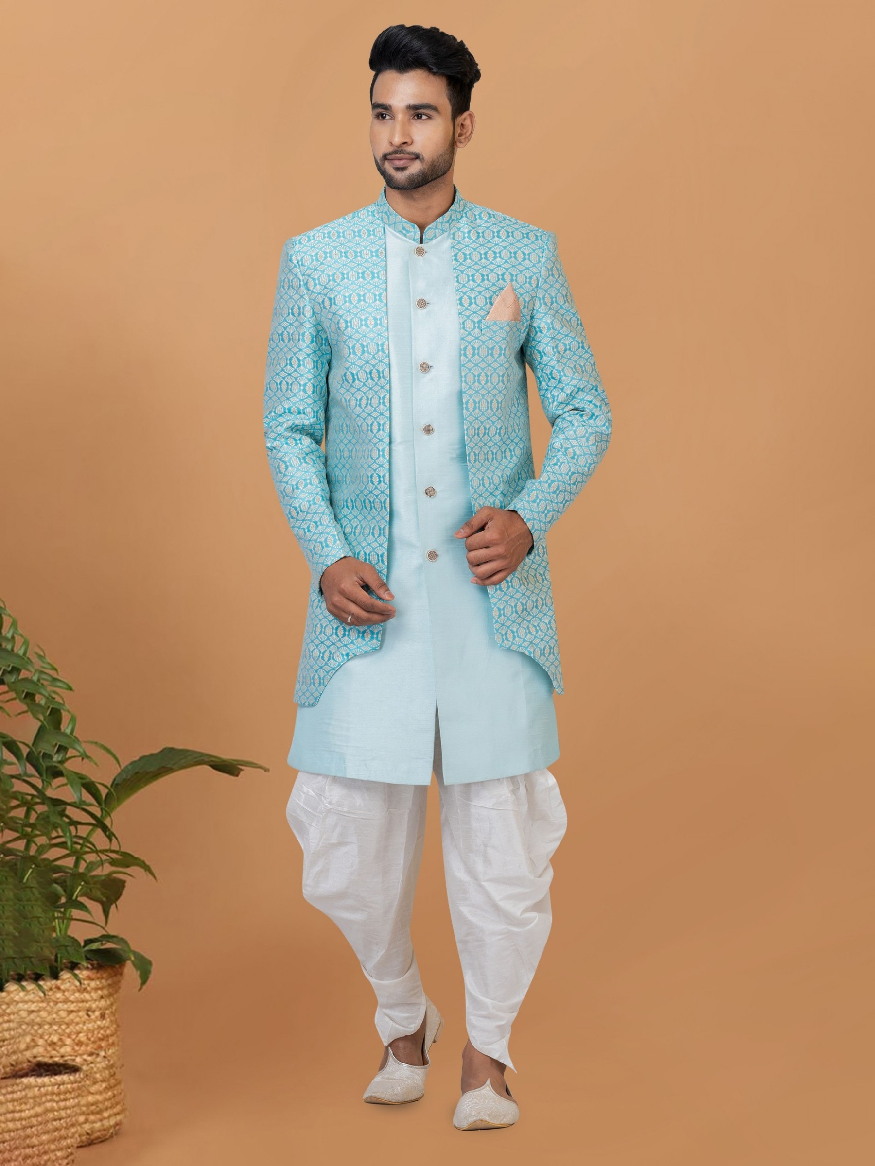 Jacquard Silk & Banarasi Dhupion Fabric IndoWestern Ready Made Dress in Sky Blue Color