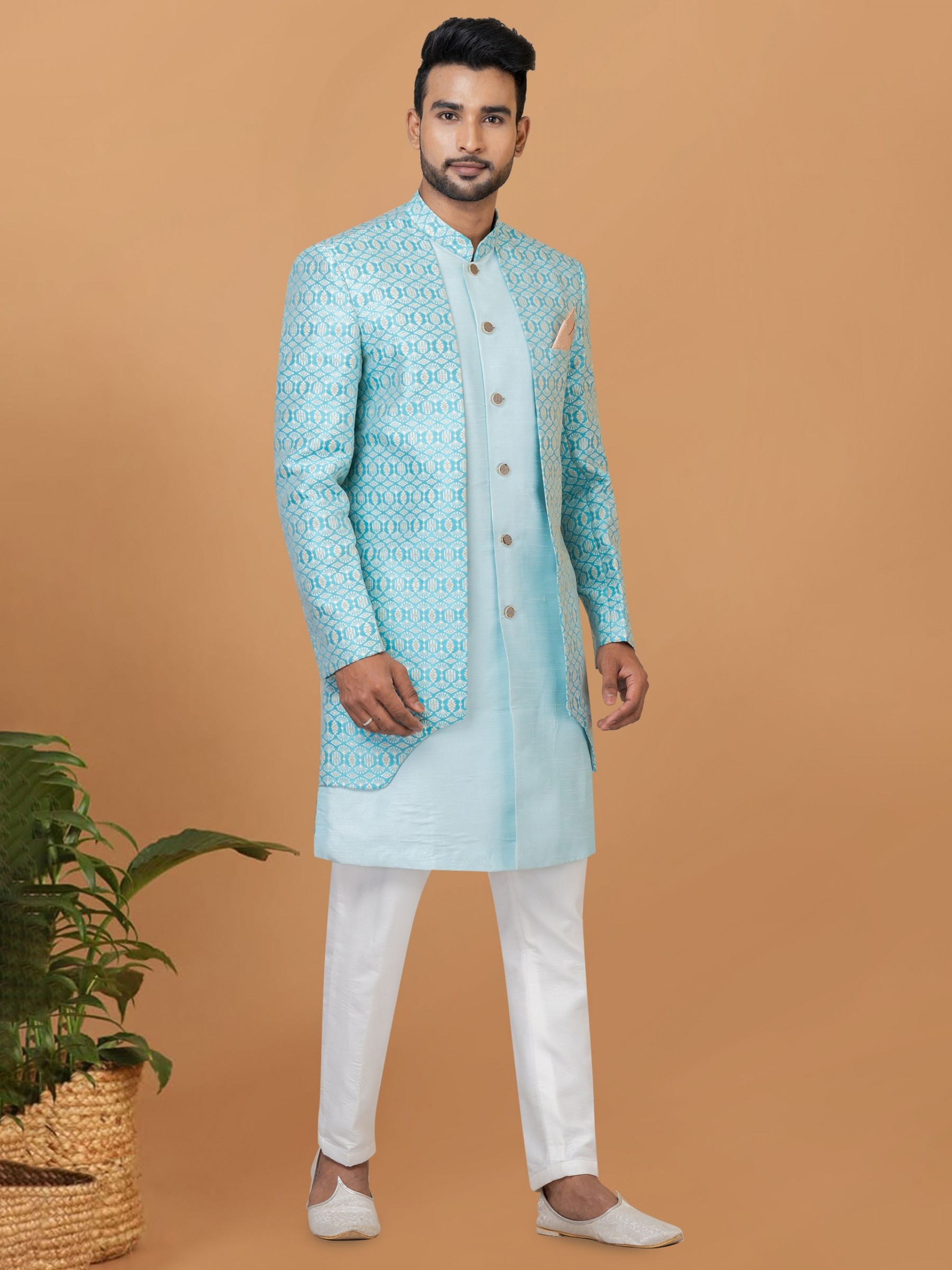 Jacquard Silk & Banarasi Dhupion Fabric IndoWestern Ready Made Dress in Sky Blue Color