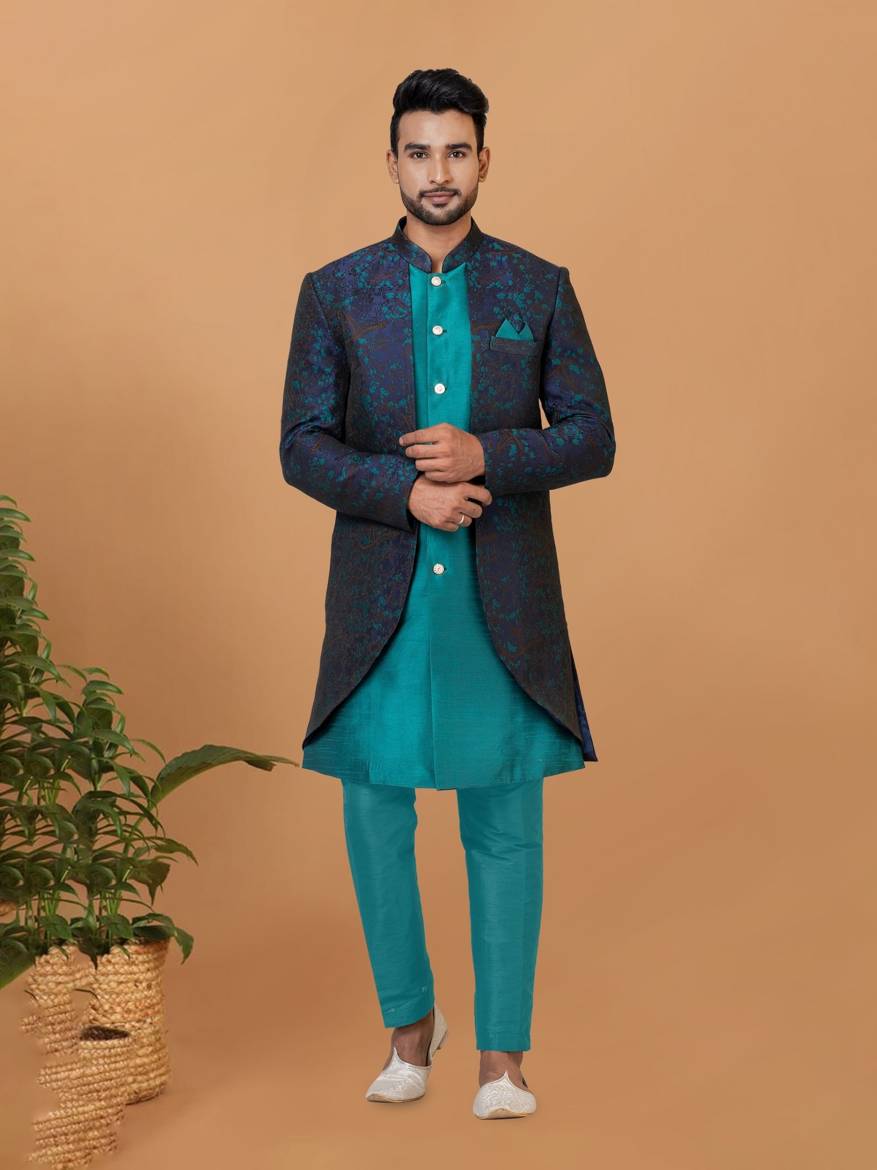 Jacquard Silk & Banarasi Dhupion Fabric IndoWestern Ready Made Dress in Blue & Rama Green Color