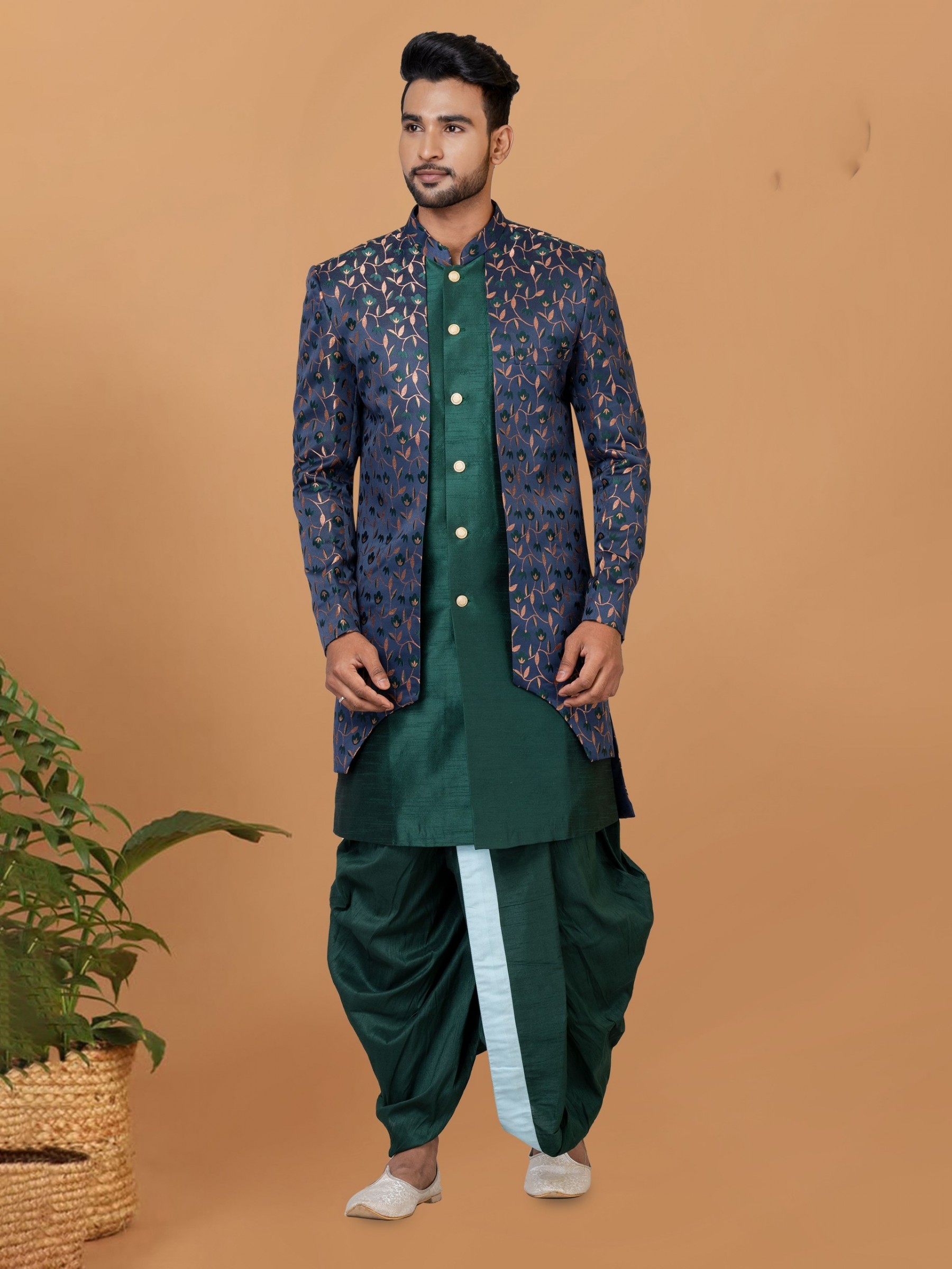Jacquard Silk & Banarasi Dhupion Fabric IndoWestern Ready Made Dress in Blue & Green Color