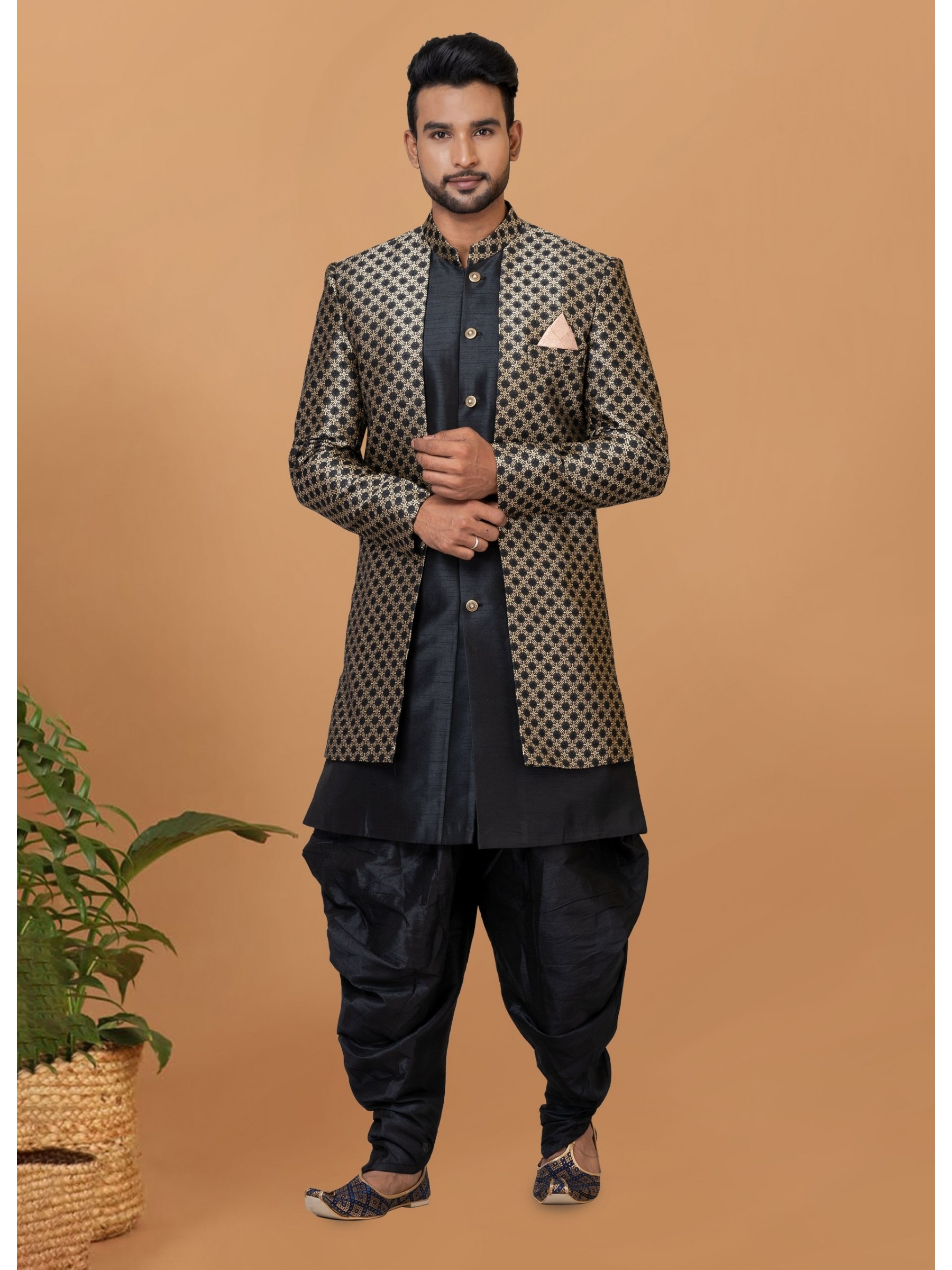 Jacquard Silk & Banarasi Dhupion Fabric IndoWestern Ready Made Dress in Black Color