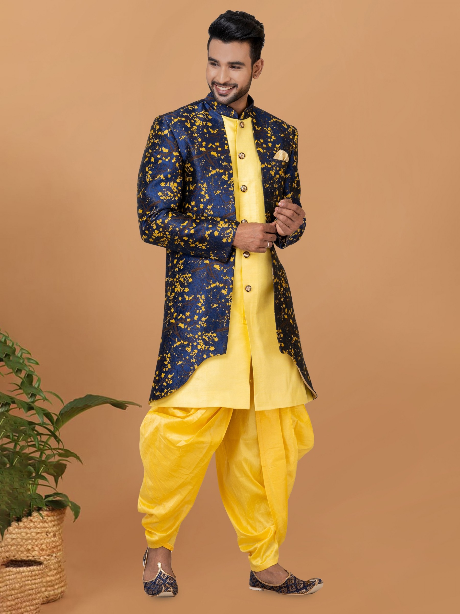 Jacquard Silk & Banarasi Dhupion Fabric IndoWestern Ready Made Dress in Yellow & Blue Color