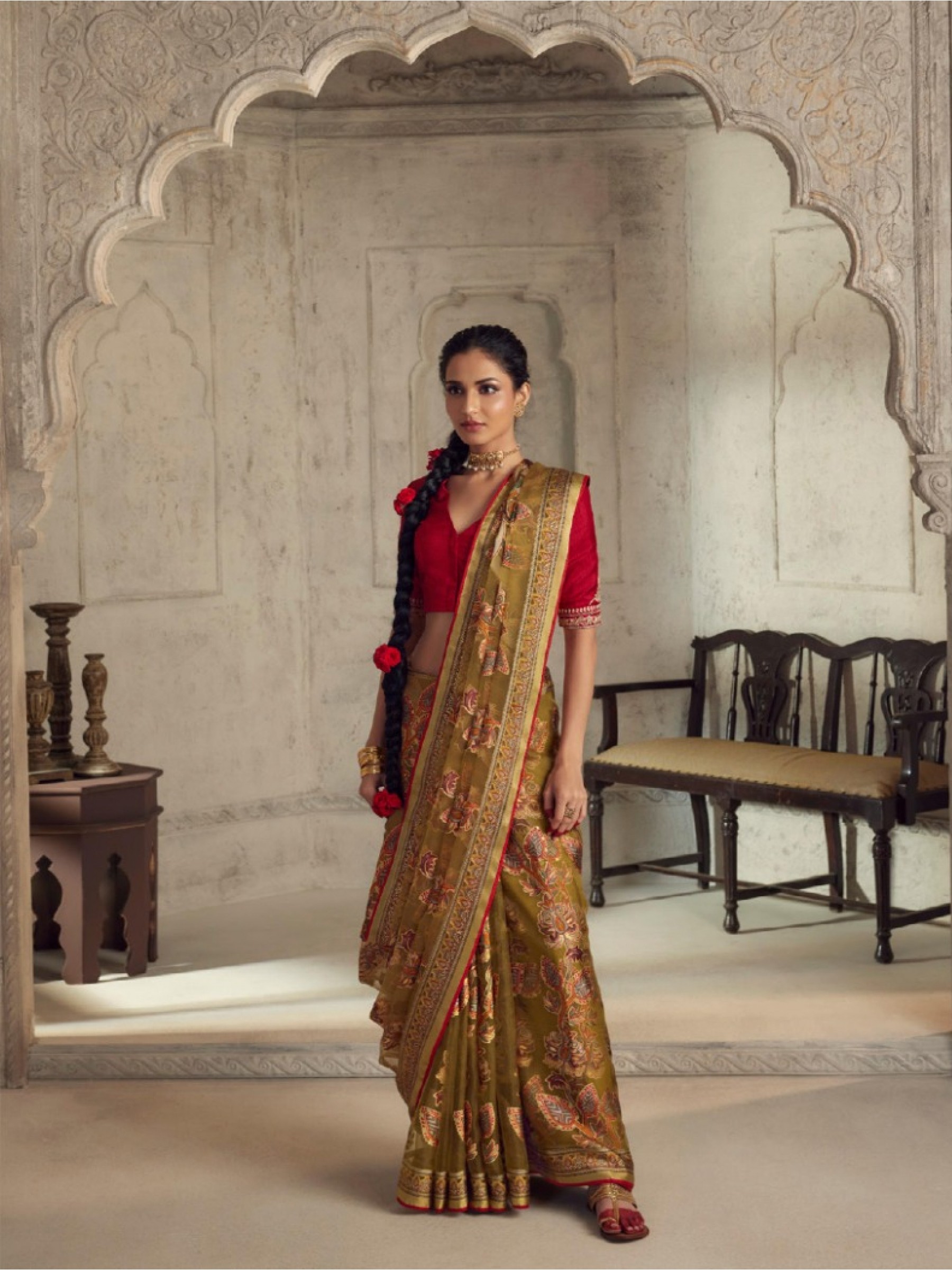 Organza Brasso Saree In Golden Color With Embroidery Work