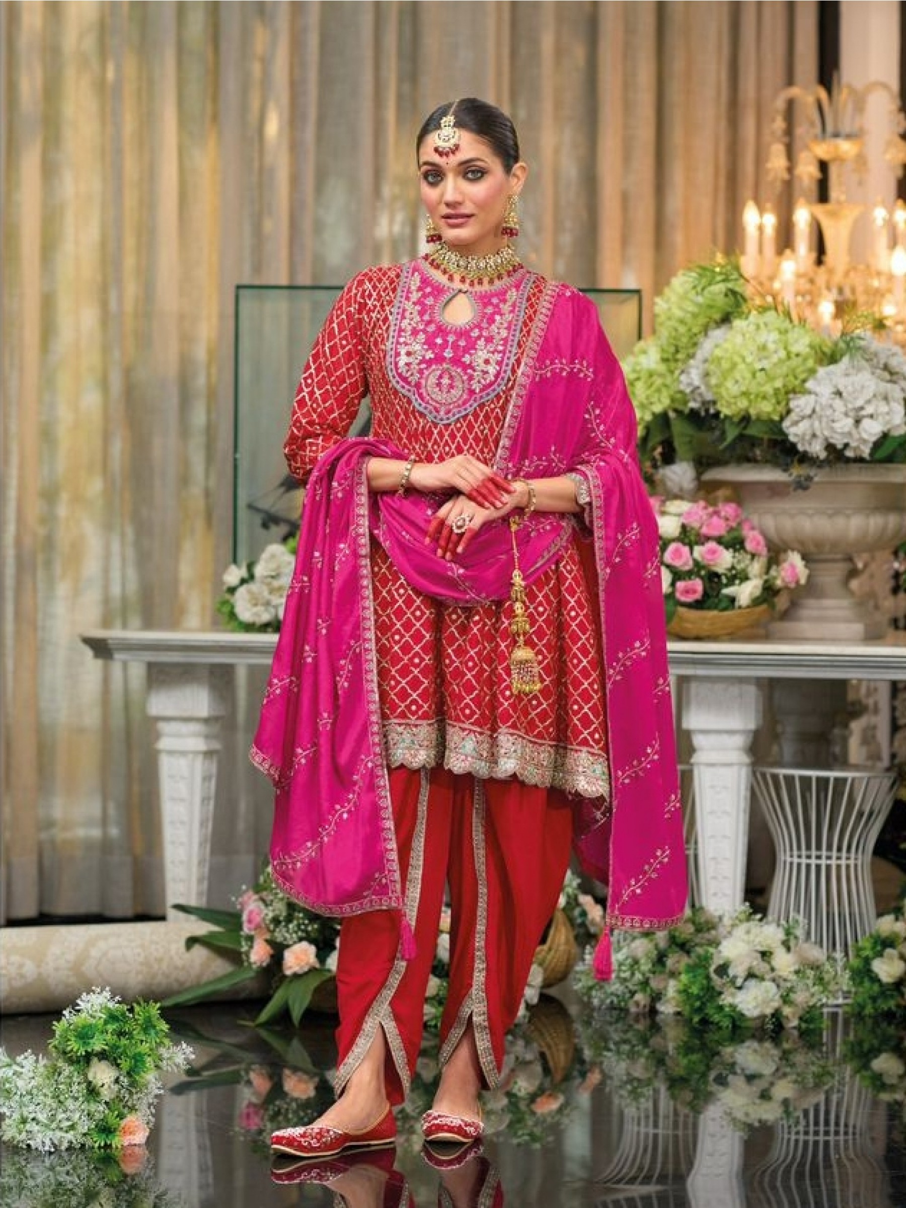 Pure Chinon Silk Party Wear Sharara Pink Color with Embroidery Work
