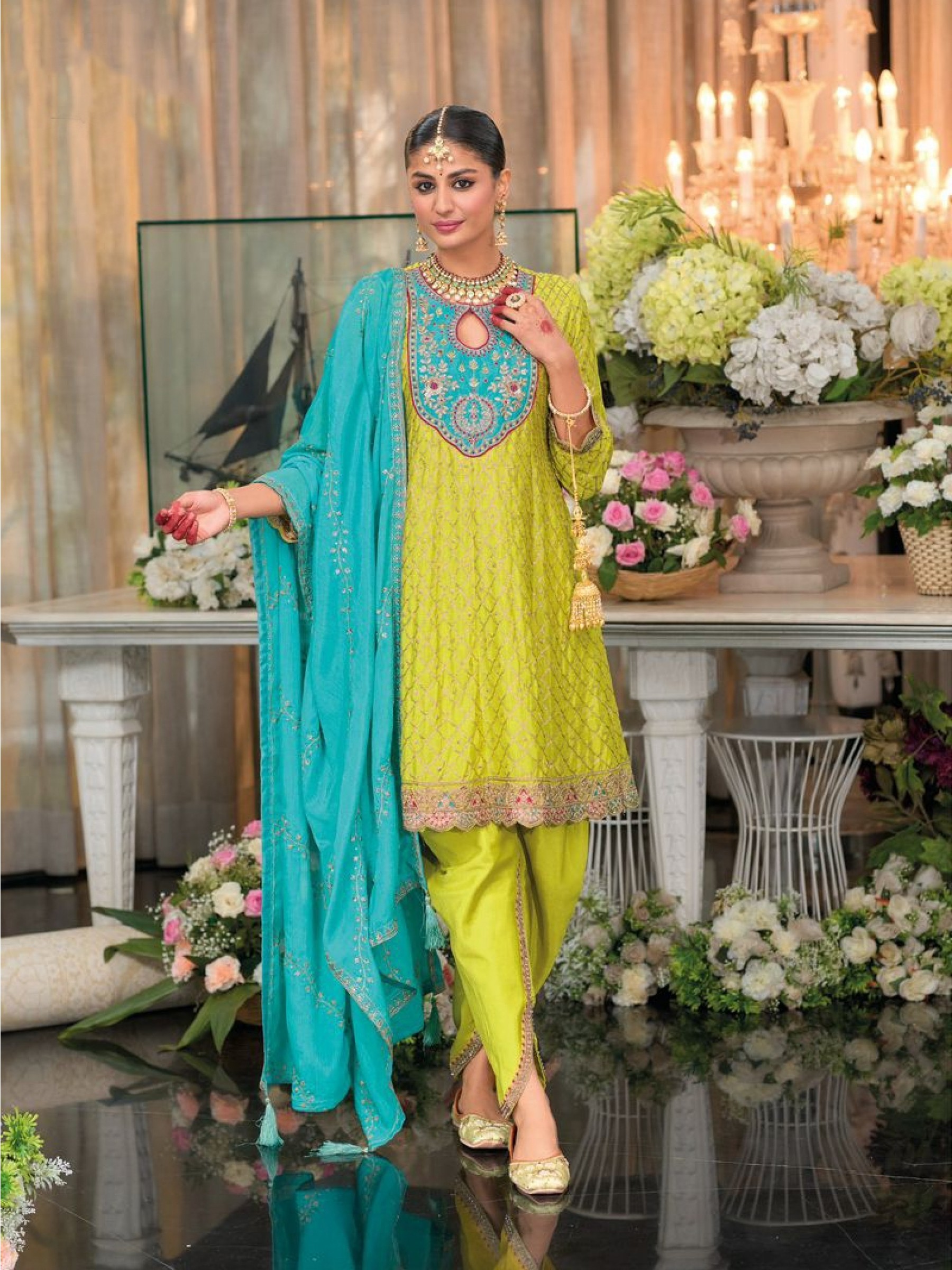 Pure Chinon Silk Party Wear Sharara Green Color with Embroidery Work
