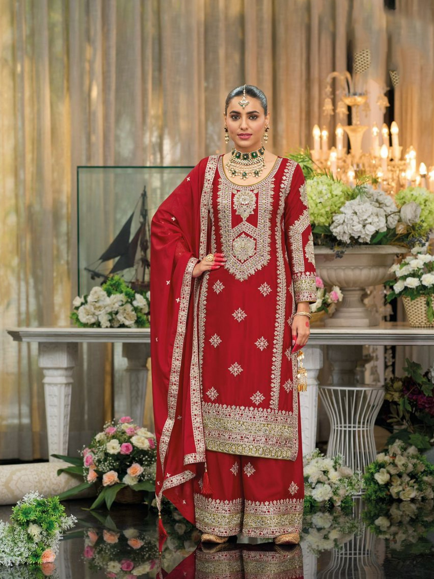 Pure Chinon Silk Party Wear Sharara in Red Color with Embroidery Work