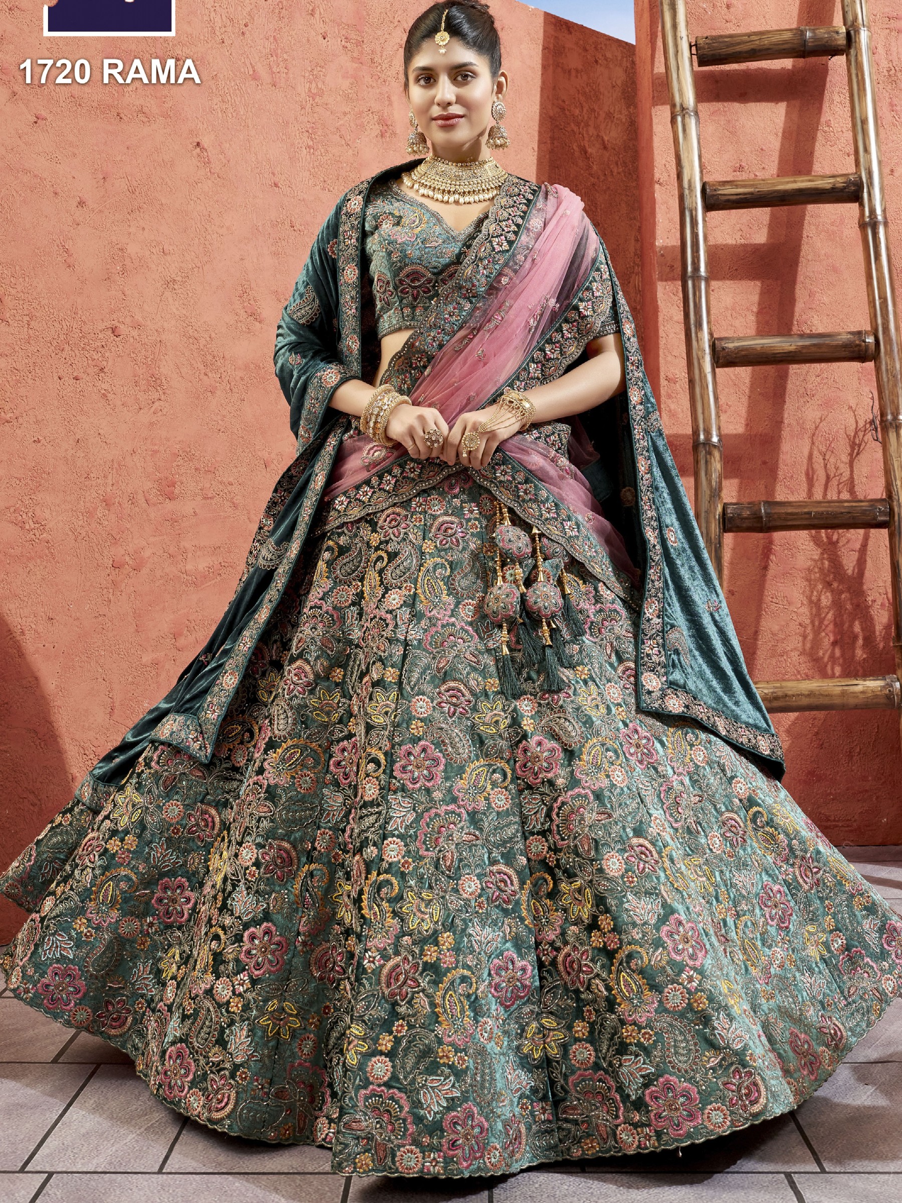 Pure Micro Velvet Bridal  Wear Lehenga In Turquoise Color With Embroidery Work 
