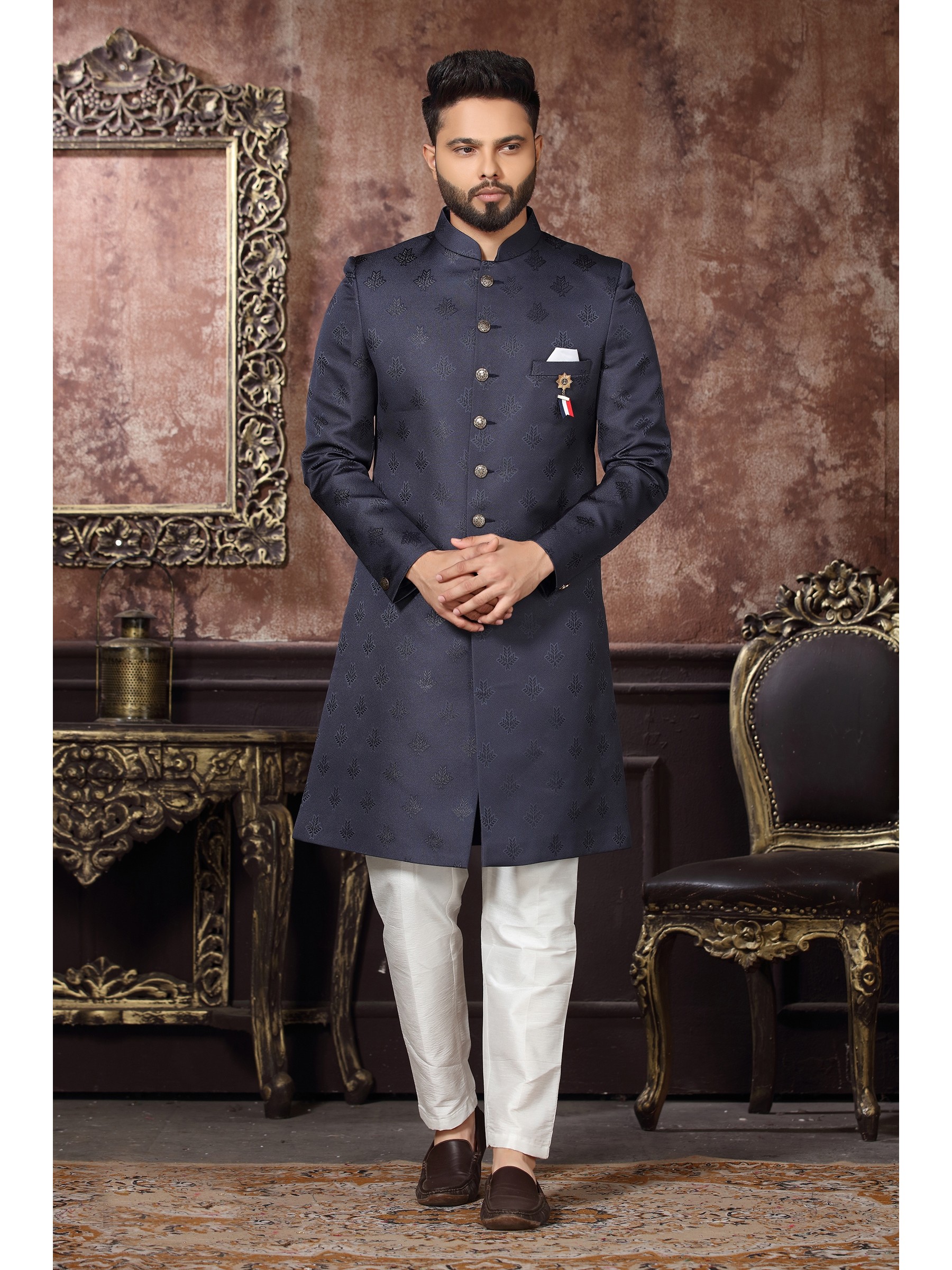 Jacquard Silk IndoWestern Ready Made Dress in Navy Blue Color 
