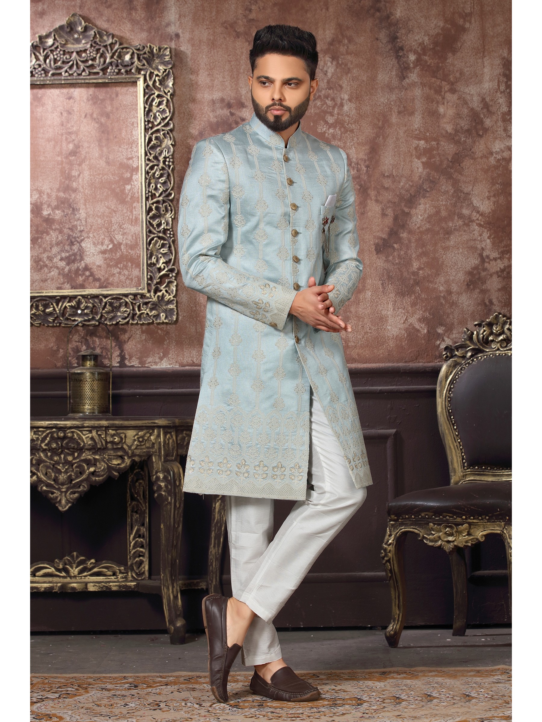 Jacquard Silk IndoWestern Ready Made Dress in Sky Blue Color 