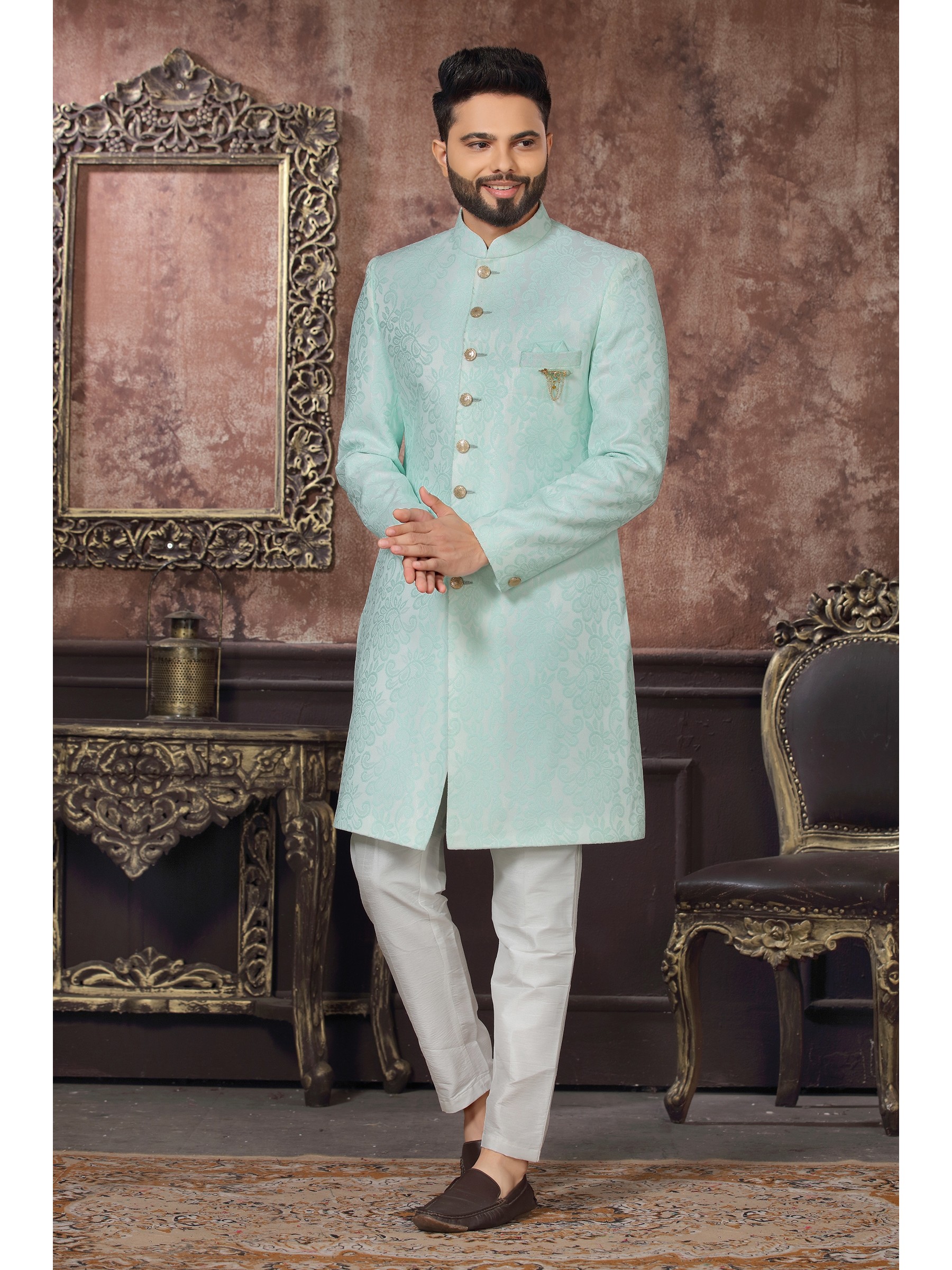Jacquard Silk IndoWestern Ready Made Dress in Sky Blue Color 