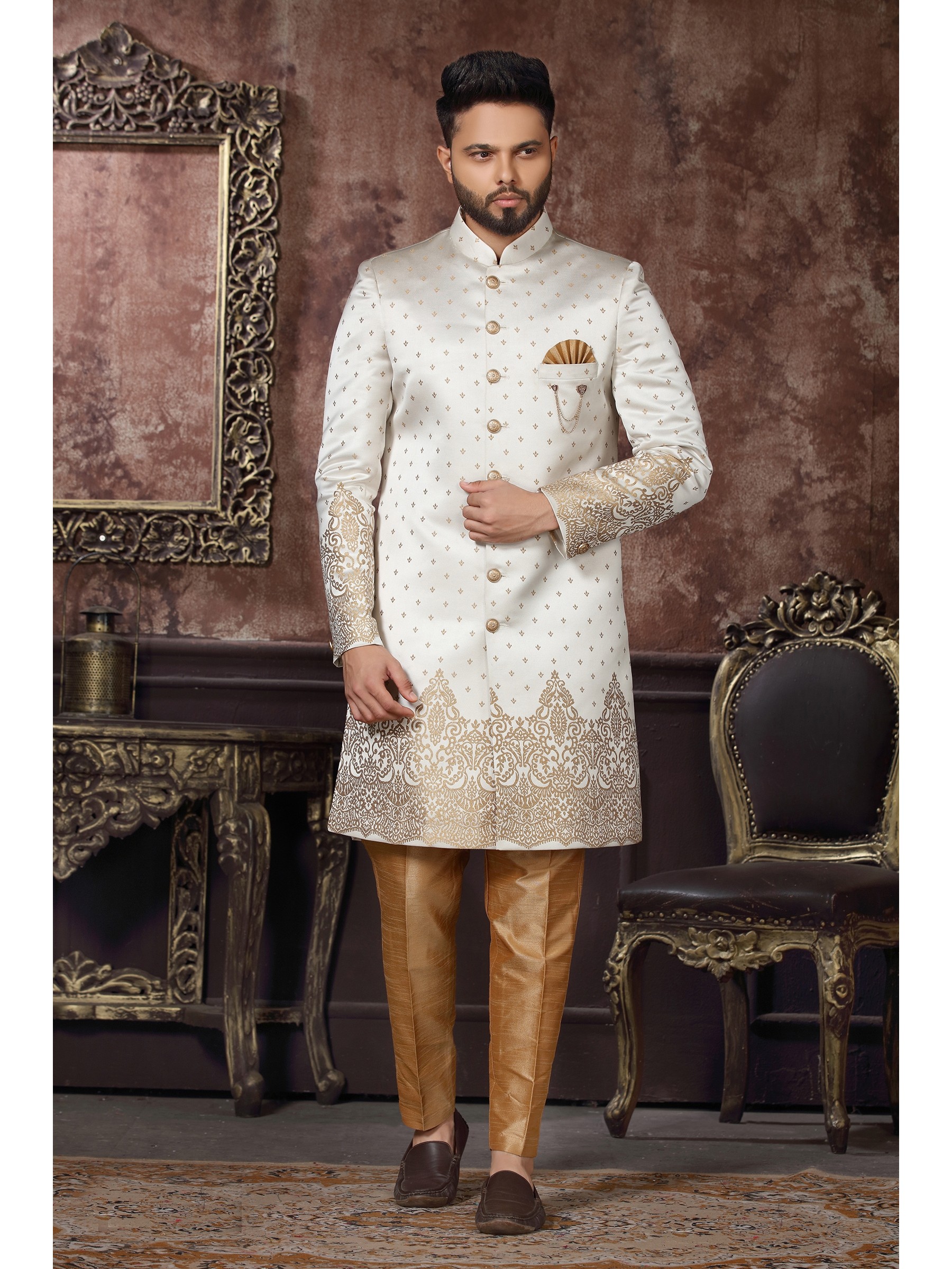 Jacquard Silk IndoWestern Ready Made Dress in Cream Color 