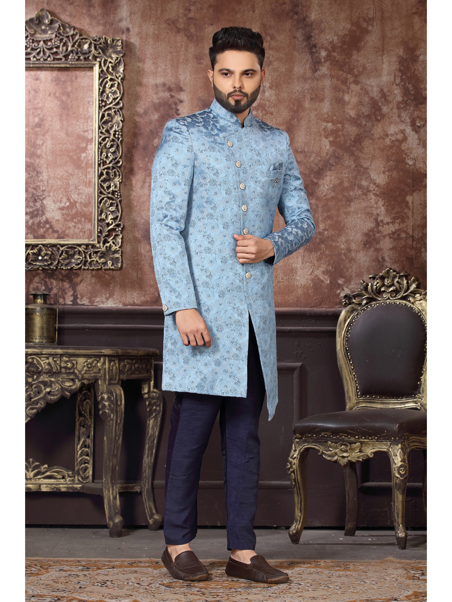 Jacquard Silk IndoWestern Ready Made Dress in Sea Blue Color 