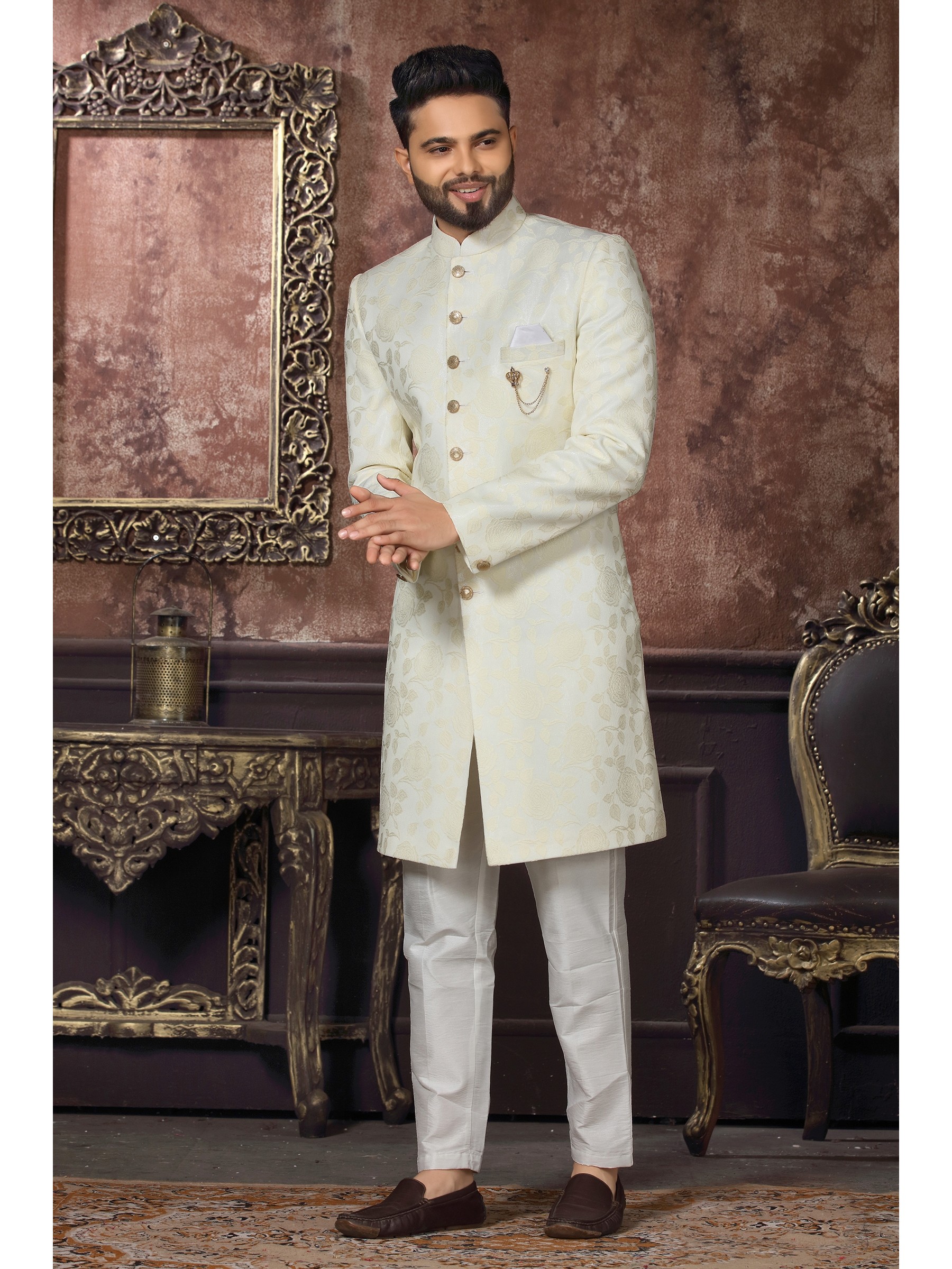 Jacquard Silk IndoWestern Ready Made Dress in Off White Color 