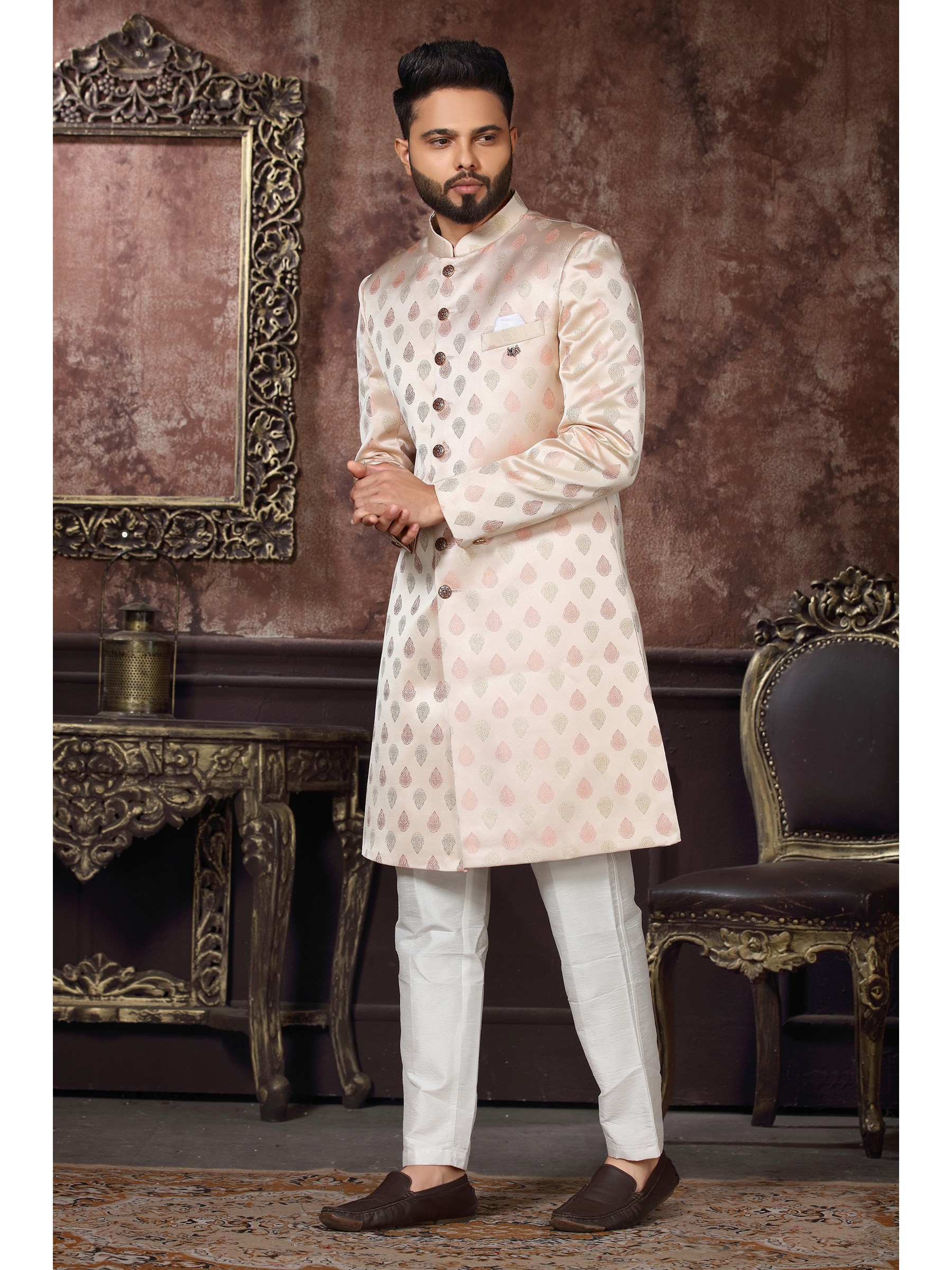 Jacquard Silk IndoWestern Ready Made Dress in Cream Color 