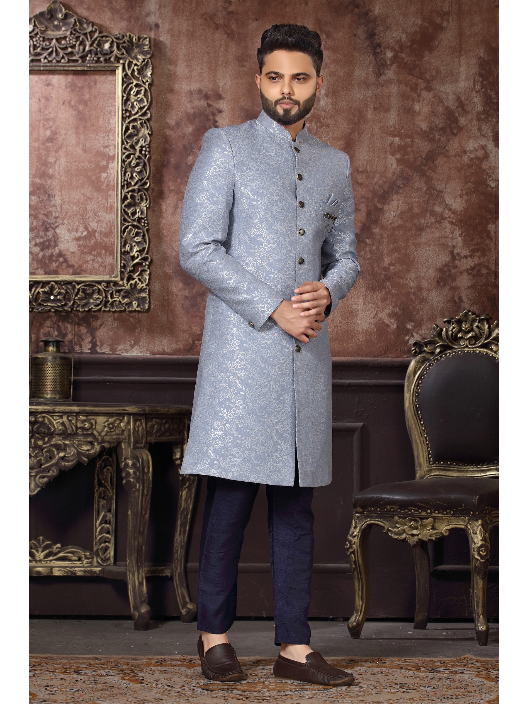 Jacquard Silk IndoWestern Ready Made Dress in Blue Color 