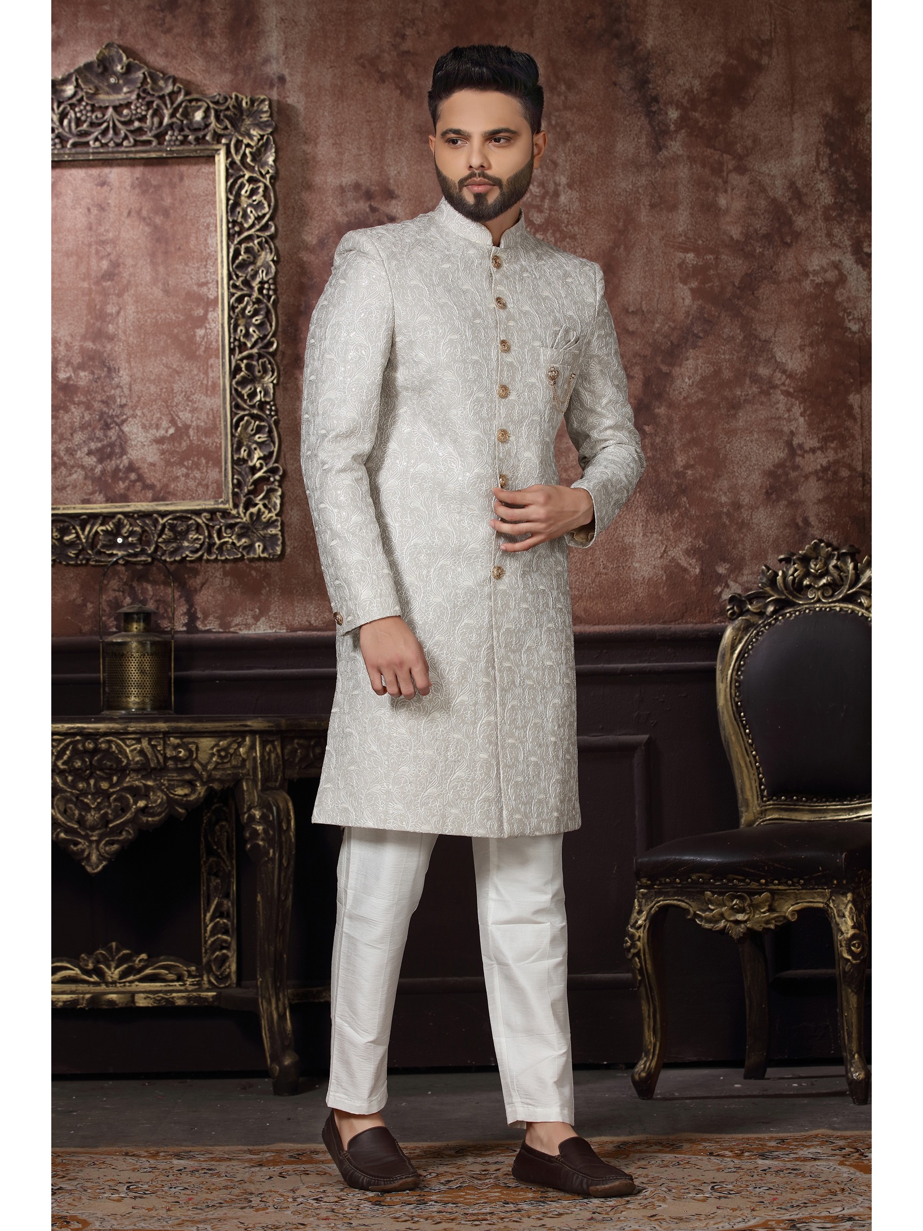 Jacquard Silk IndoWestern Ready Made Dress in Off White Color 
