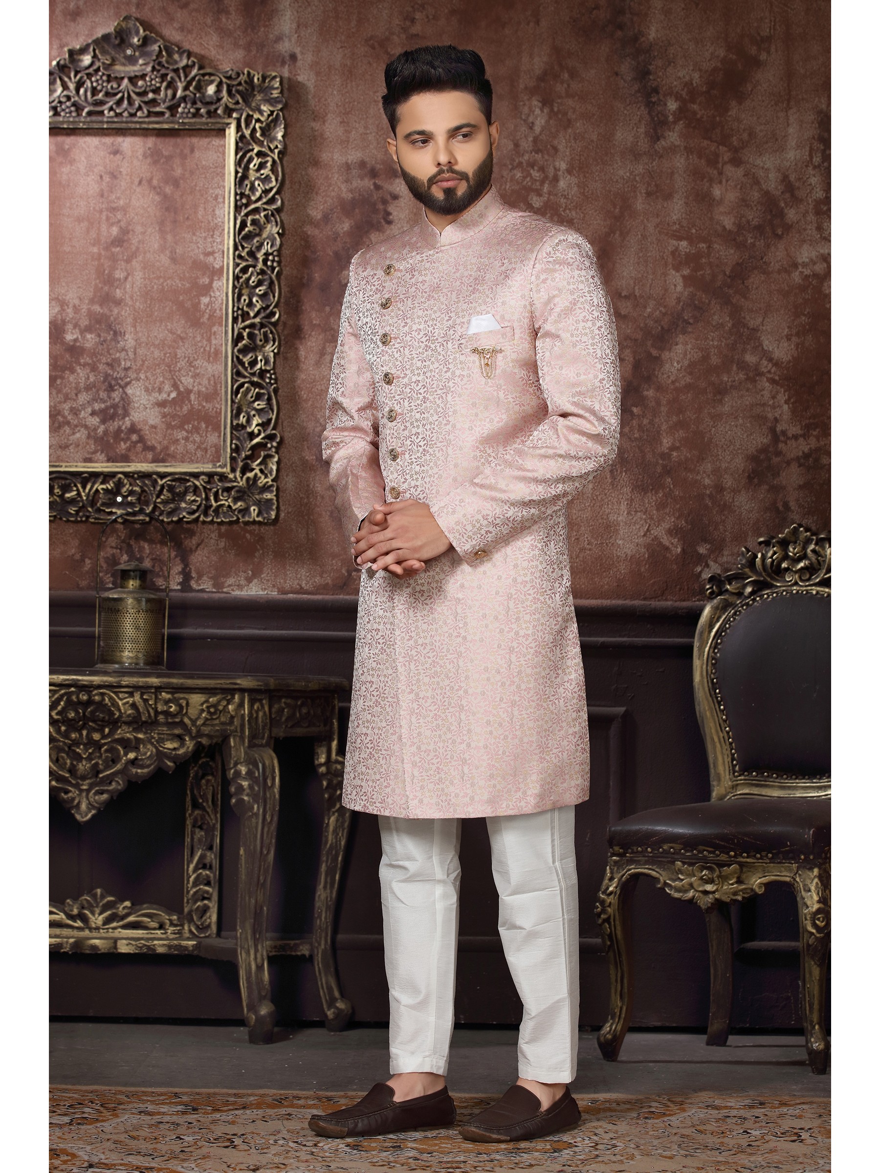 Jacquard Silk IndoWestern Ready Made Dress in Light Pink Color 