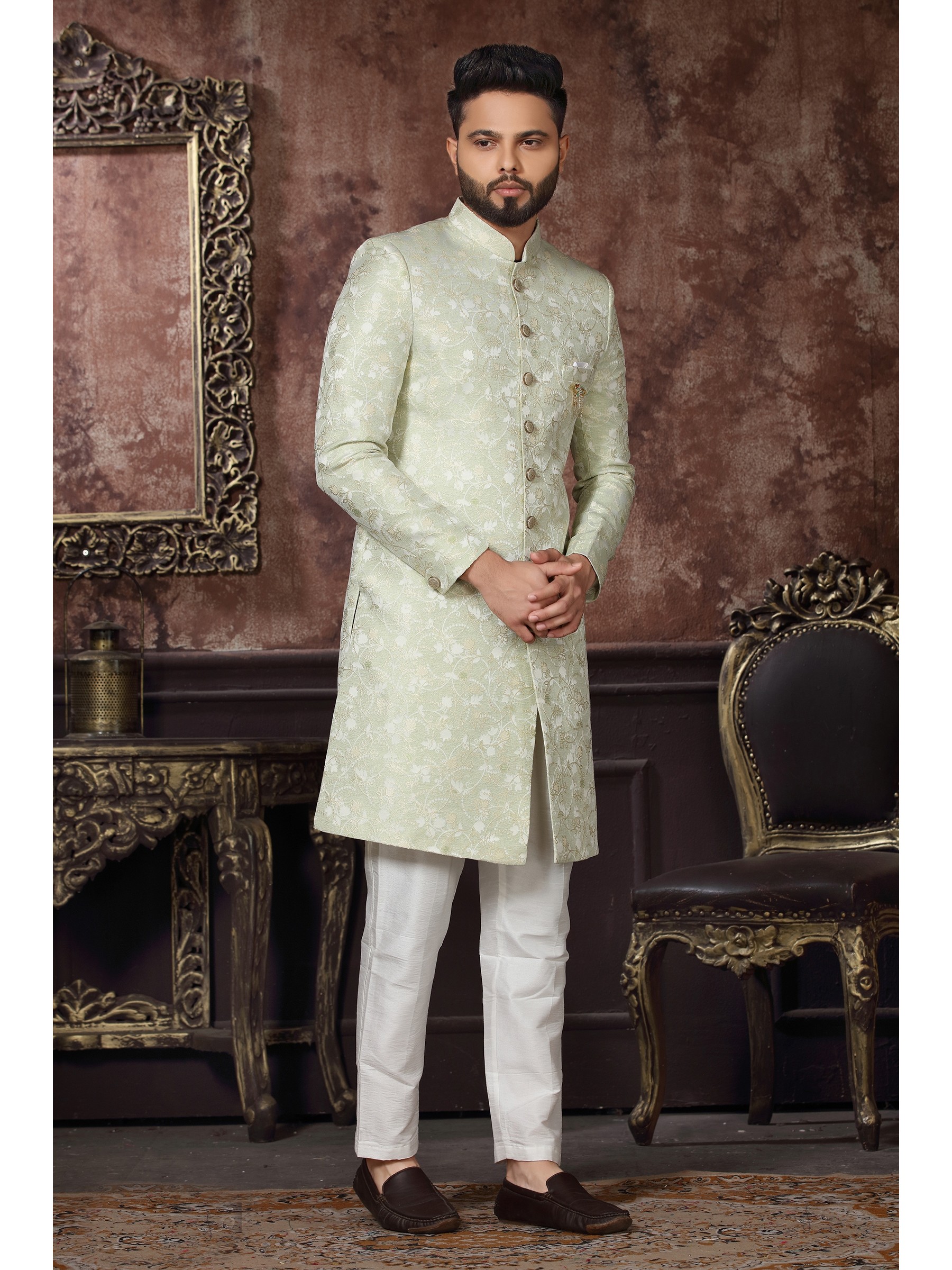 Jacquard Silk IndoWestern Ready Made Dress in Pista Color 