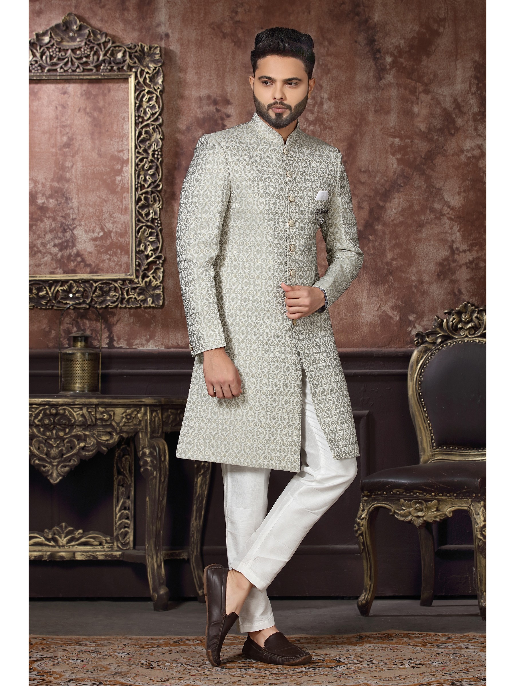 Jacquard Silk IndoWestern Ready Made Dress in Off white  Color 