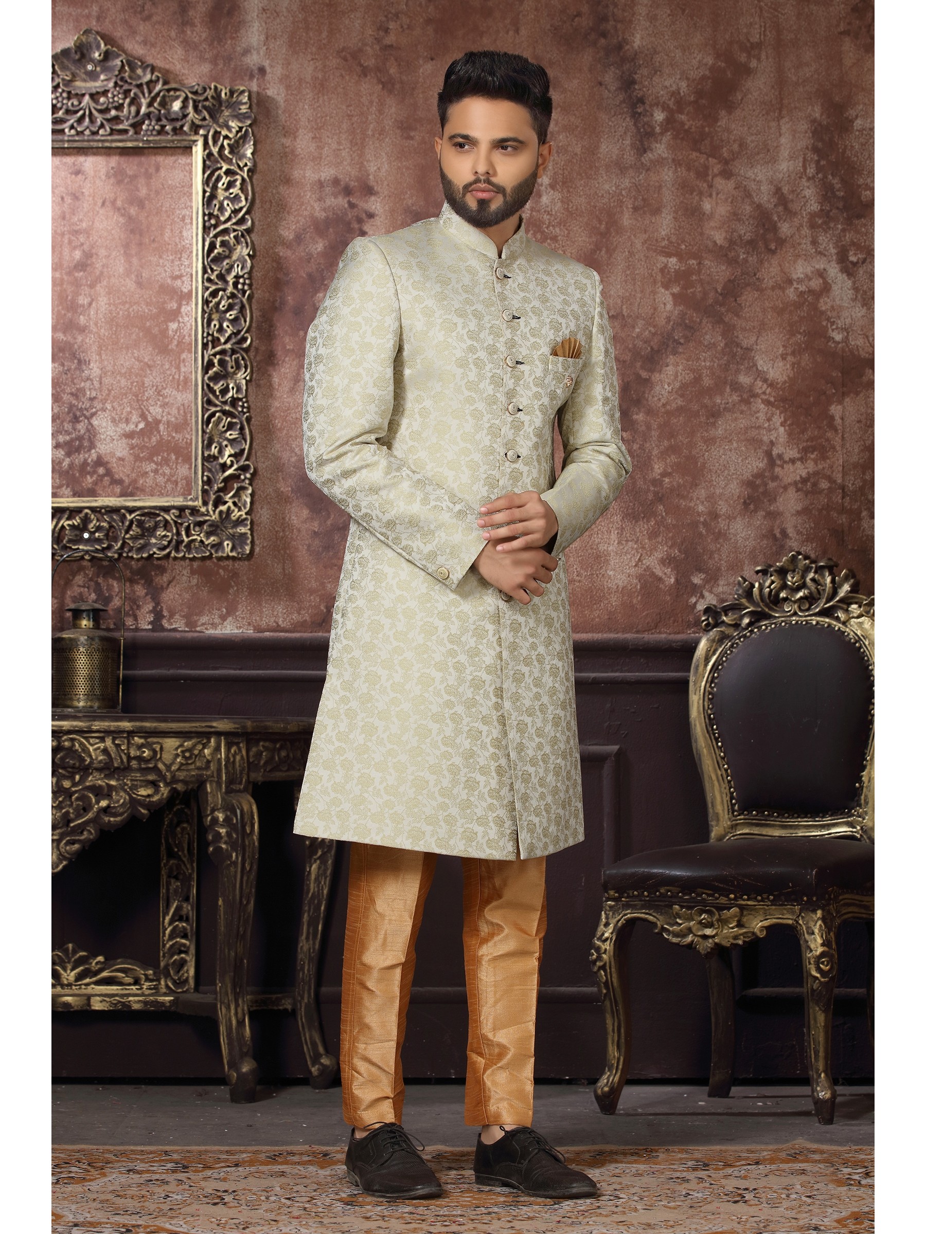Jacquard Silk IndoWestern Ready Made Dress in Off white  Color 