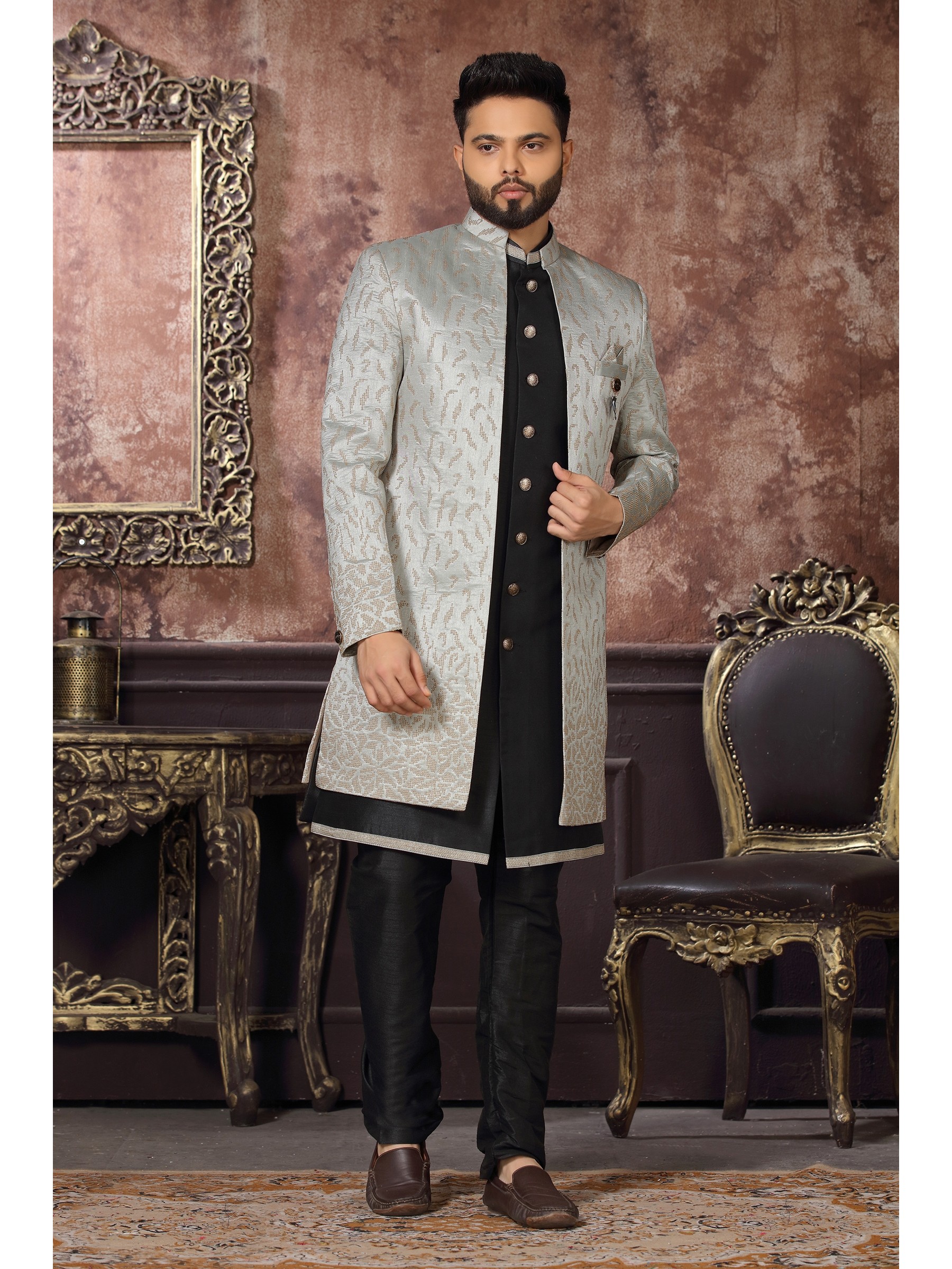Heavy Imported Silk IndoWestern Ready Made Dress in Grey & Black Color 