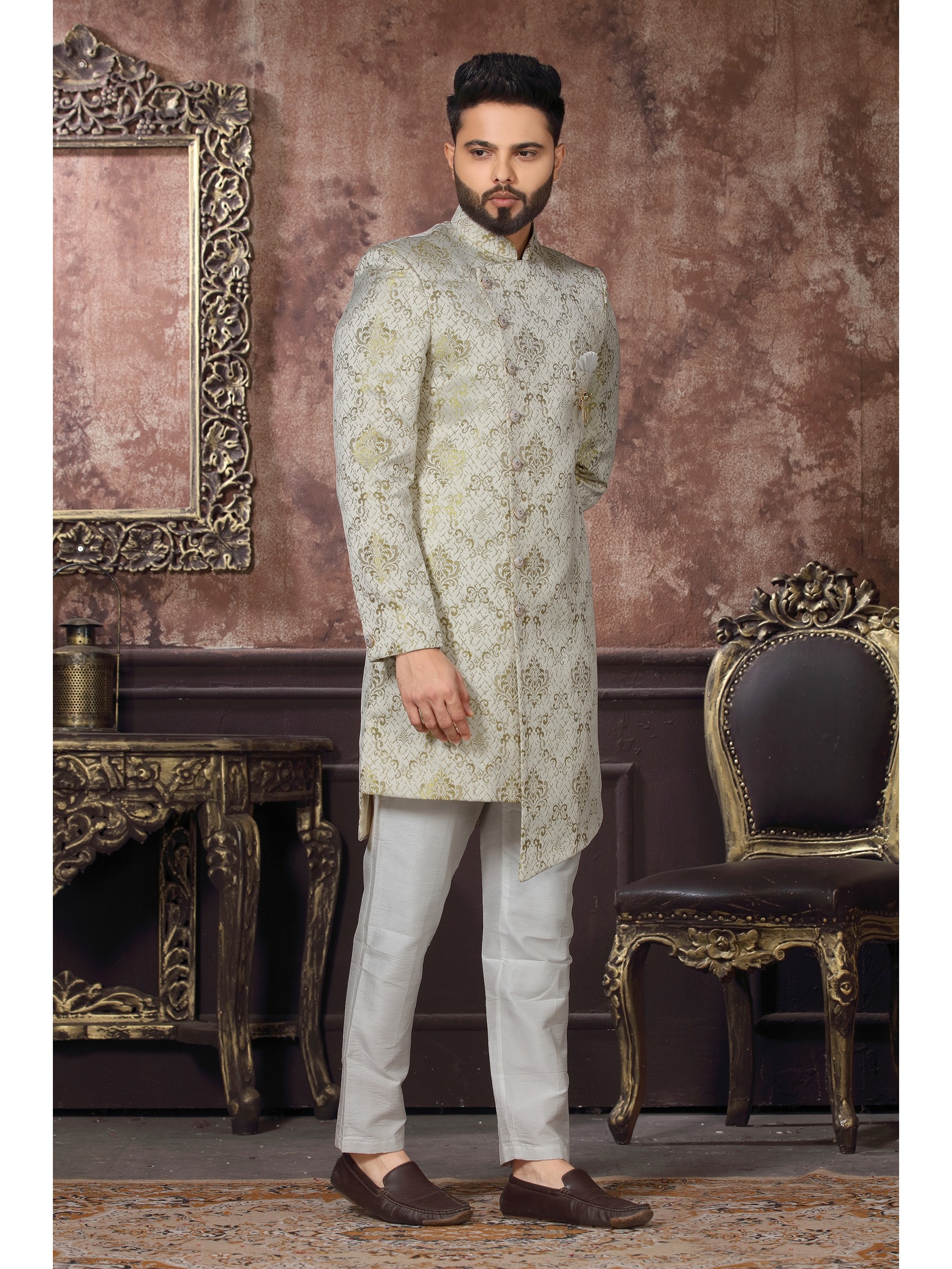 Jacquard Silk IndoWestern Ready Made Dress in Light Pista Green Color 