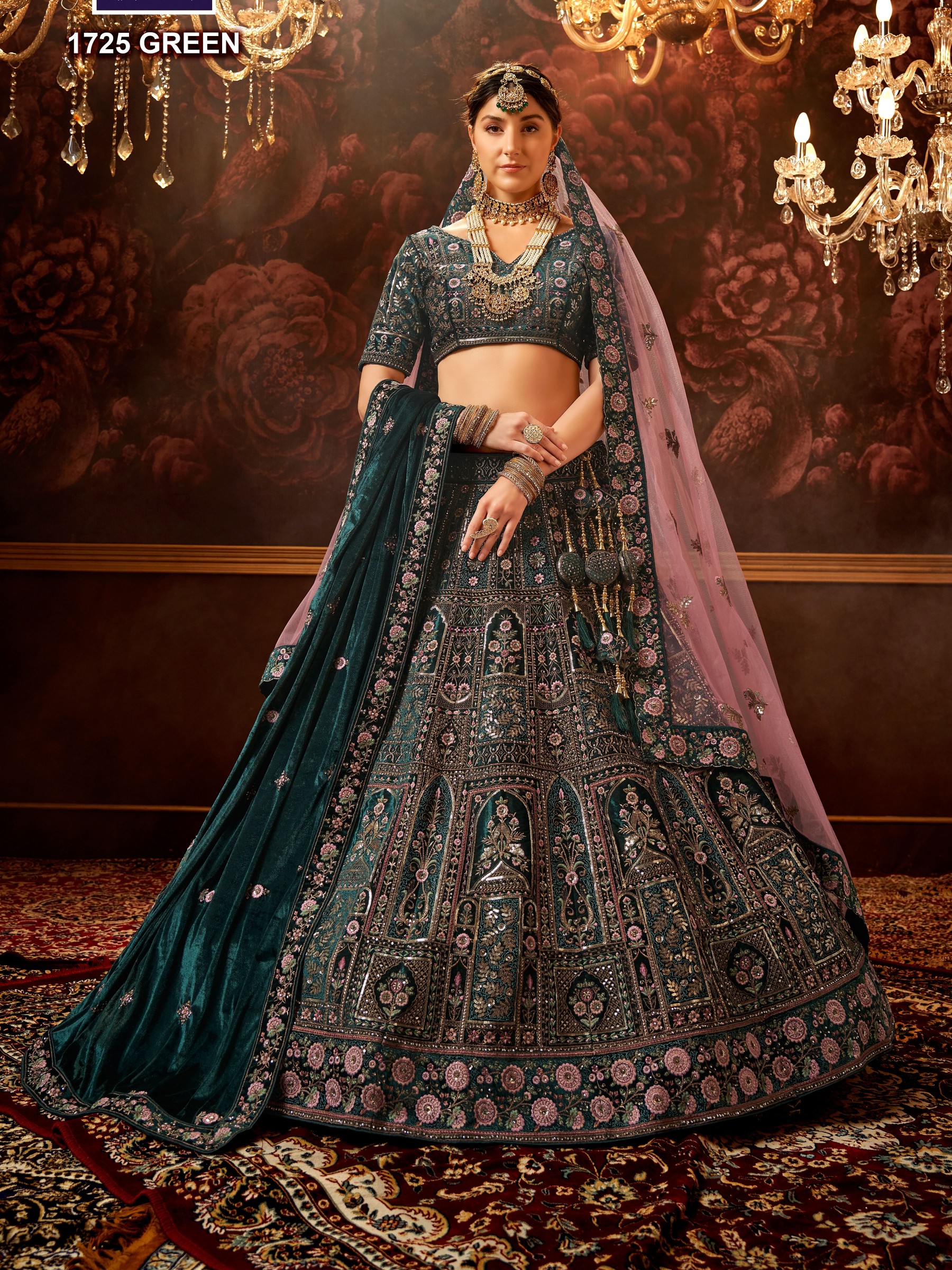 Pure Micro Velvet Bridal  Wear Lehenga In Teal Green Color With Embroidery Work 