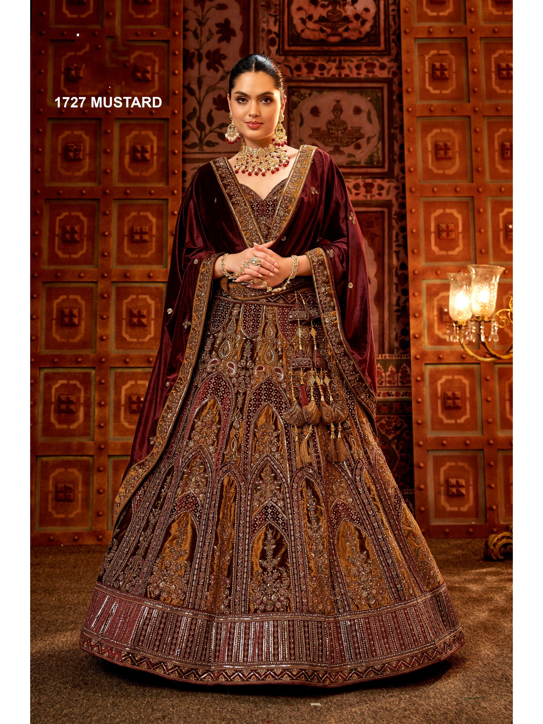 Pure Micro Velvet Bridal  Wear Lehenga In Mustard Color With Embroidery Work 