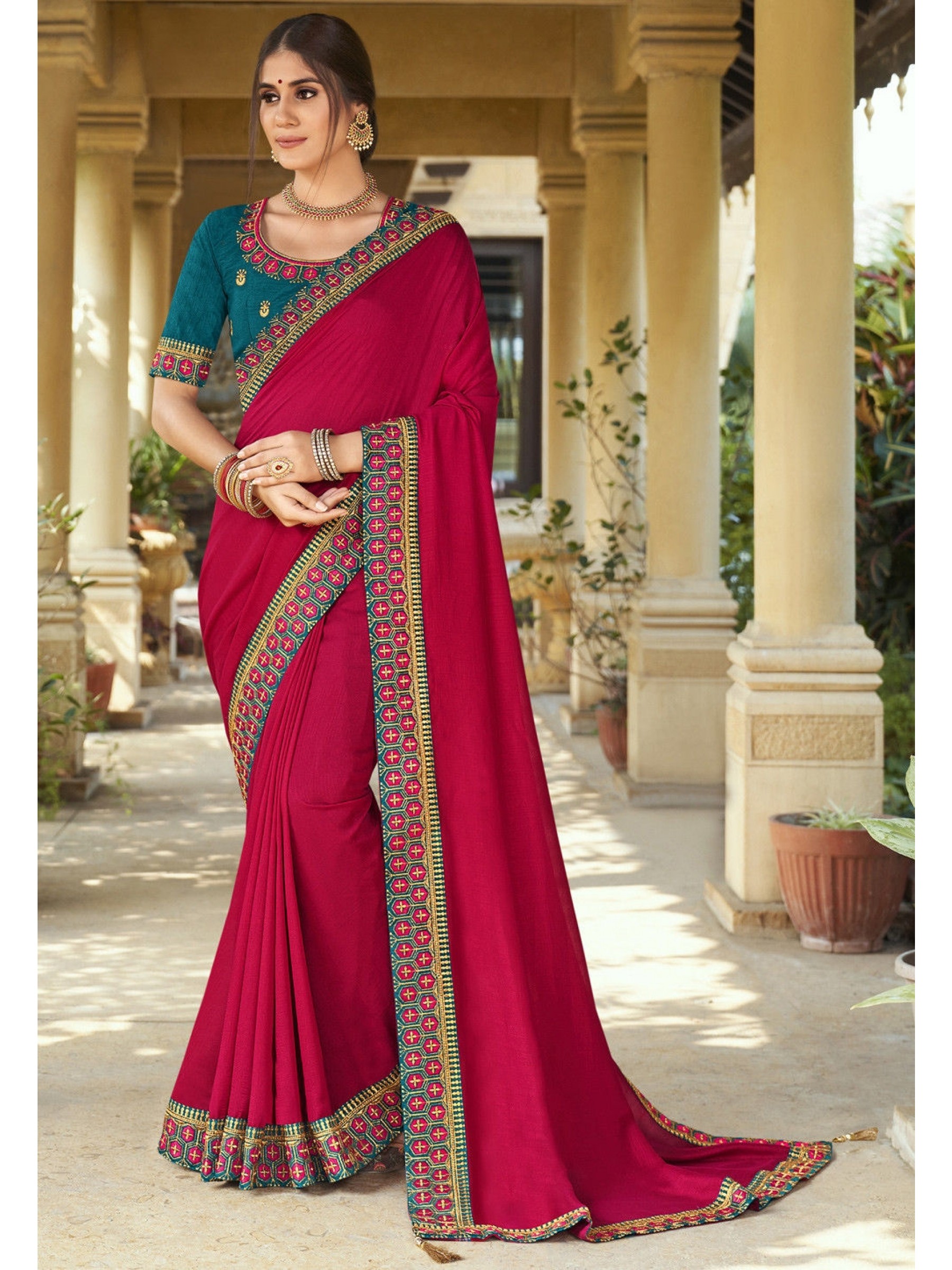 Silk Fabric Party Wear Saree In Rani Color With Embroidery Work