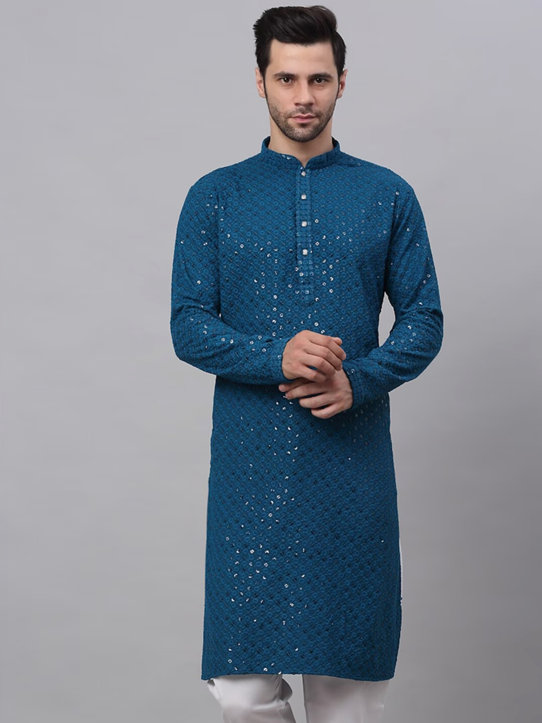 Heavy Rayon Readymade Kurta in Teal Blue with Embroidery Work