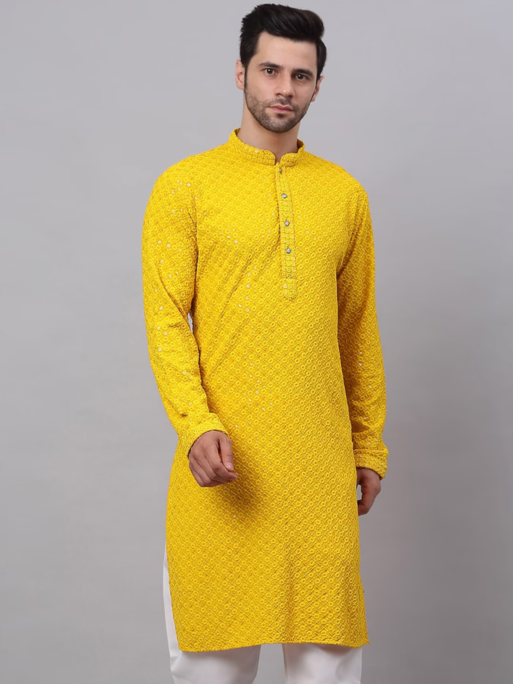 Heavy Rayon Readymade Kurta in Yellow with Embroidery Work