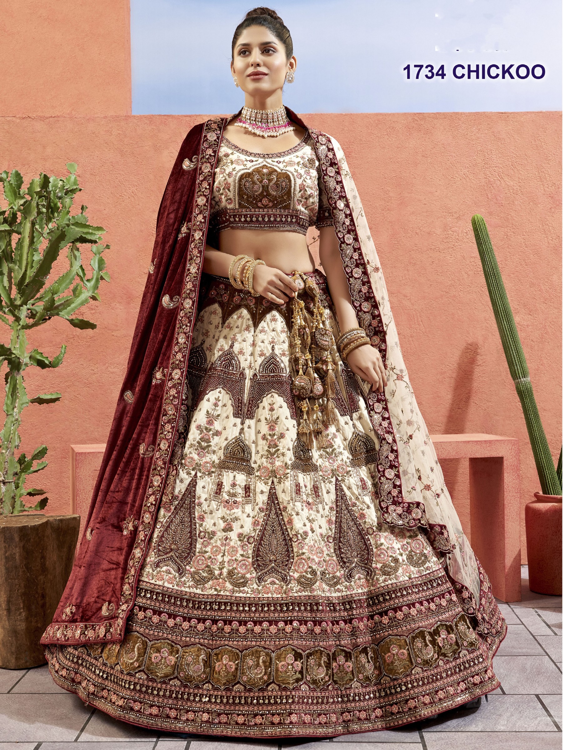Pure Micro Velvet Bridal  Wear Lehenga In Cream Color With Embroidery Work 